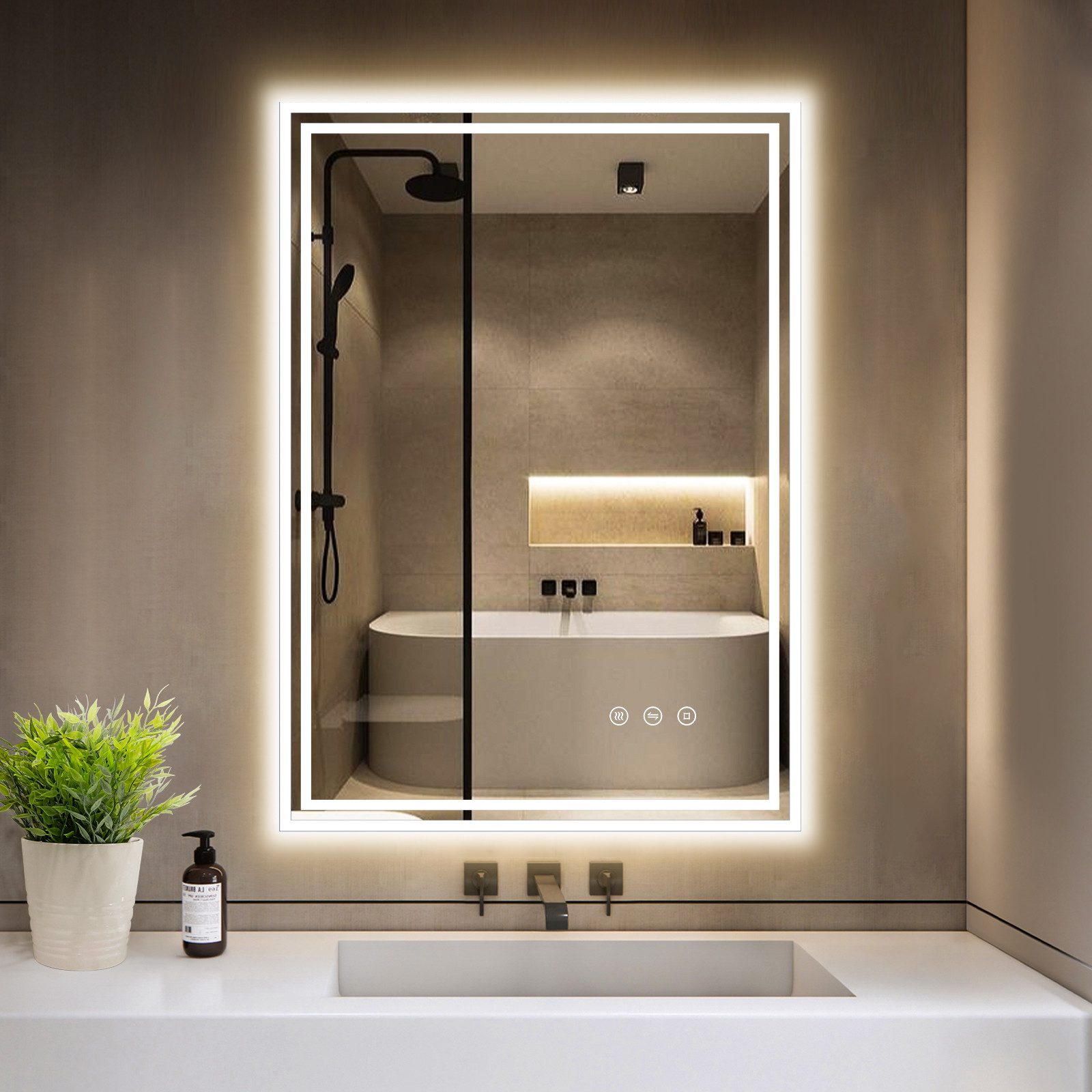 GIMBELEN Badspiegel Badezimmerspiegel mit LED-Beleuchtung, Touchschalter, IP44-Schutz (1-St), 50x70 cm, 3 Lichtfarben, dimmbar, Anti-beschlag