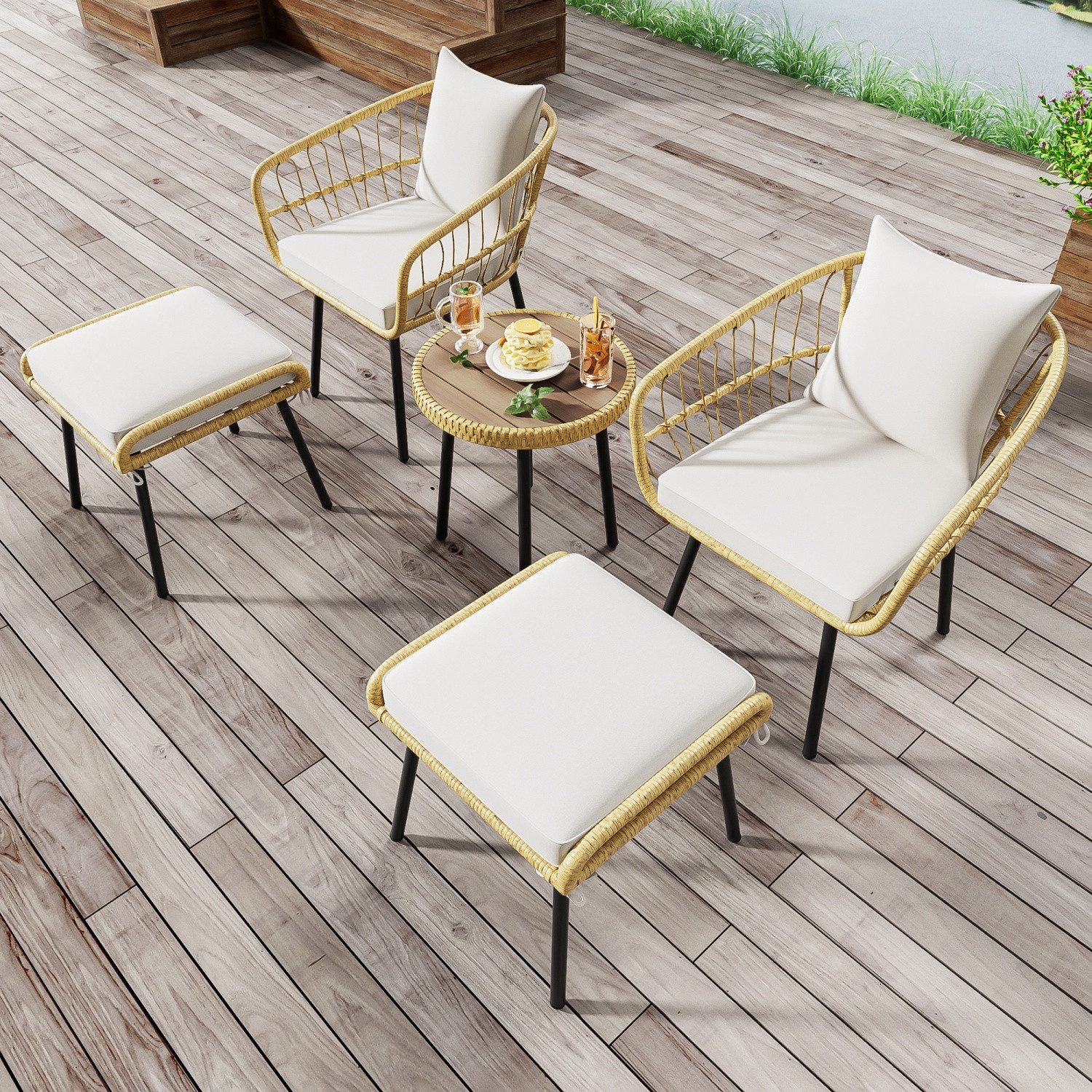 ANYSUN Gartenlounge-Set Balkonset Gartenlounge-Set, (5-tlg), Terrassenmöbel, (1 Esstisch, 2 Stühlen, 2 Hockern, Rattan Balkonmöbel Gartengarnitur für 4 Personen), Gartensitzgruppe geeignet für Terrasse, Garten und Balkon