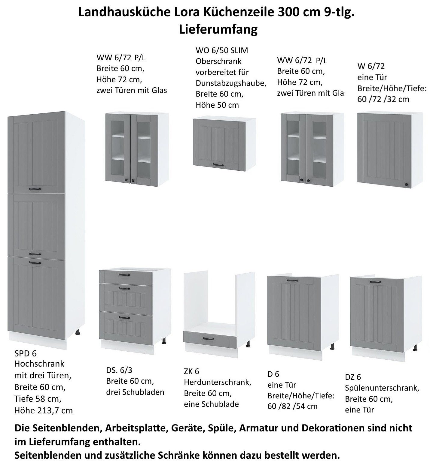 Möbel für Dich Küchenzeile Landhausküche Lora Einbauküche 300 cm 9-teilig, Fronten in weiß. beige, oder grau