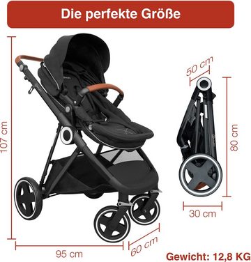 BabyGo Kombi-Kinderwagen Halime 3in1, Anthracite Black, inklusive Babywanne, Babyschale, Regenhaube & Wickeltasche