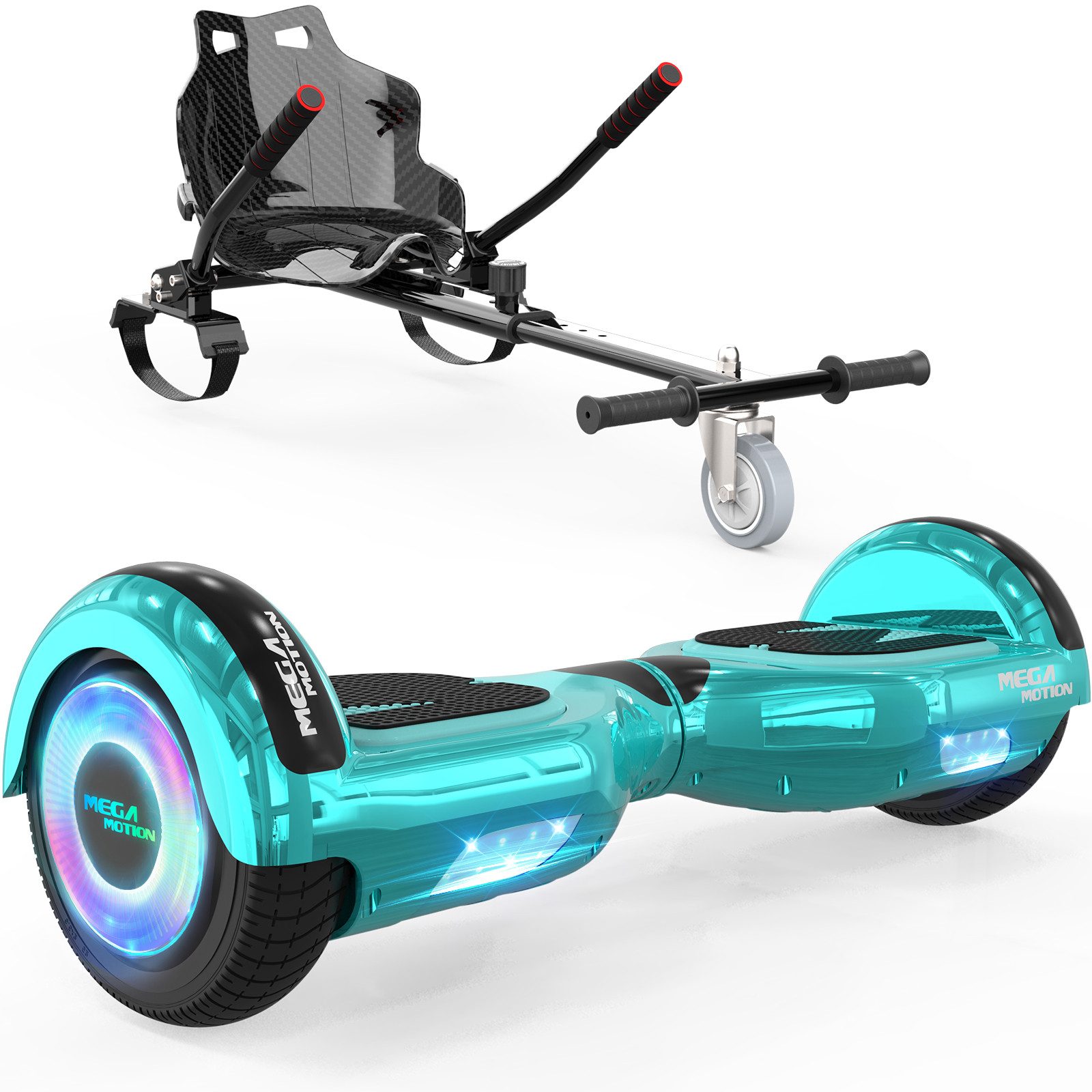 Mega Motion Balance Scooter 6.5 Zoll Hoverboards mit Sitz Hoverkart und Bluetooth und LED-Licht, 15,00 km/h, mit einem Go-Kart, Geschenk für Kinder und Jugendliche