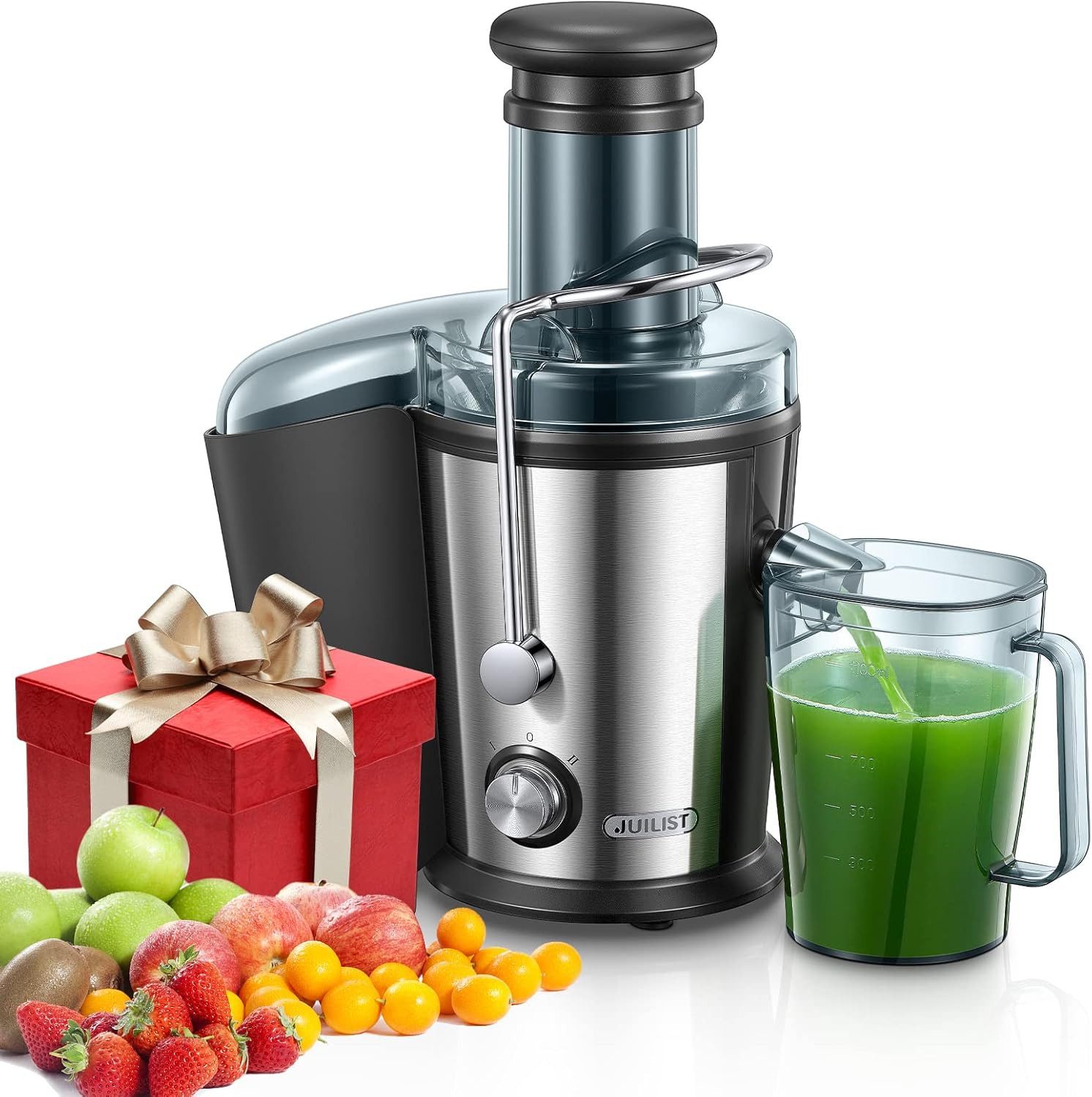 juilist Zentrifugenentsafter Entsafter für Gemüse und Obst aus Edelstahl mit 75mm Einfüllöffnung, 800 W, 1100ml Saftbehälter, einfach zu reinigen, inkl. Bürste & Rezeptbuch