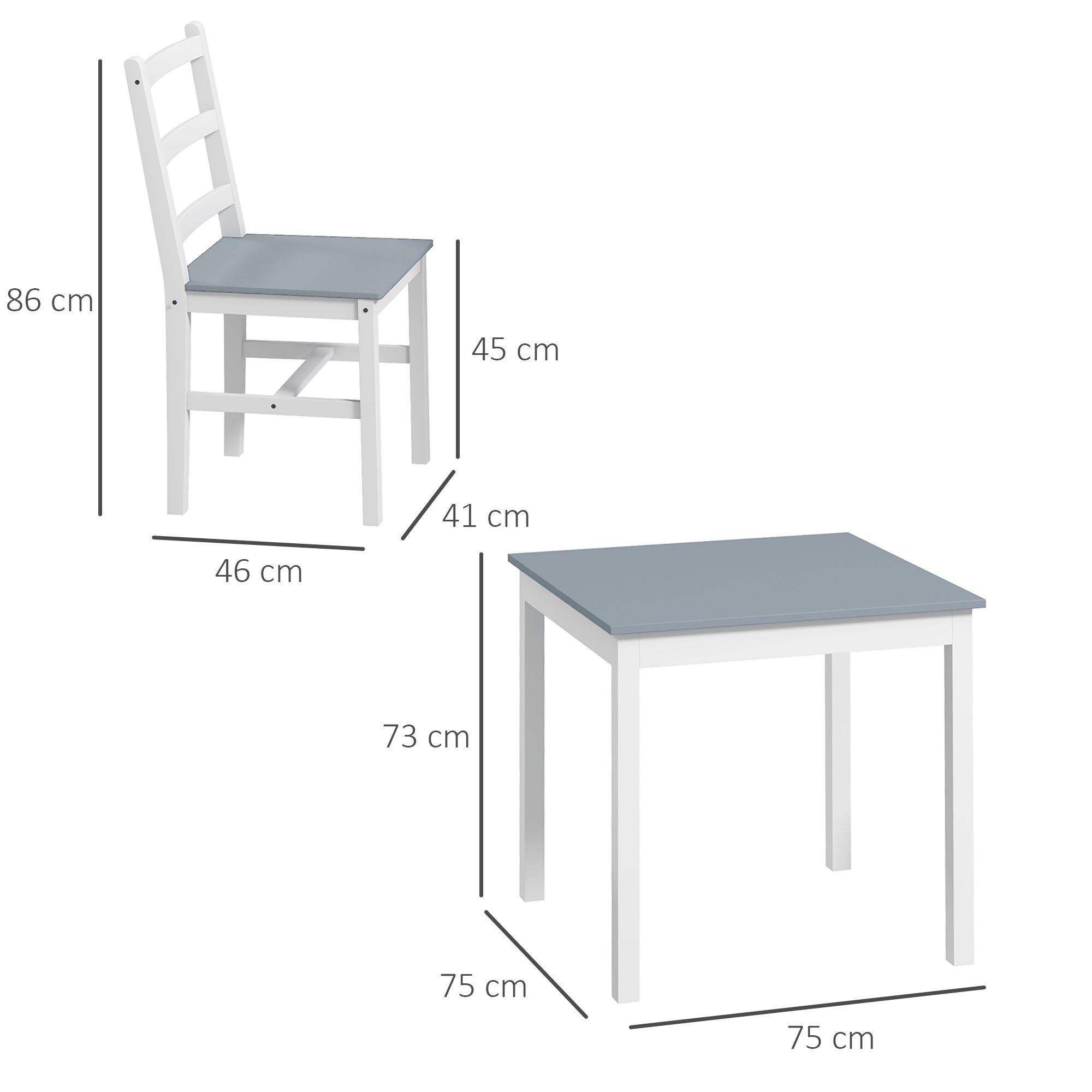 HOMCOM Essgruppe Esstisch mit 2 Stühlen Platzsparend Sitzgruppe Küchentisch-Set, (Tischgruppe, 3-tlg., Esszimmergruppe), für Wohnzimmer, Küche, Grau+Weiß, Kiefernholz