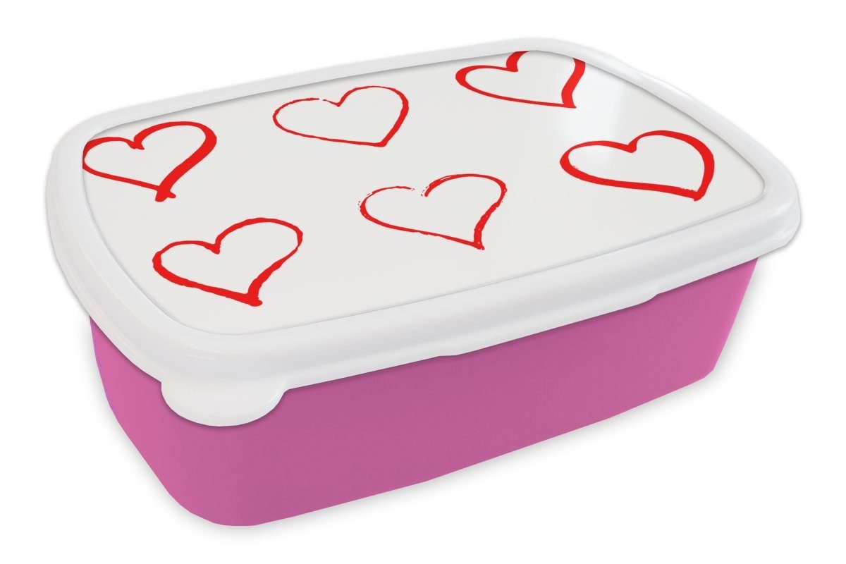 MuchoWow Lunchbox Eine Illustration mit sechs roten Herzen, Kunststoff, (2-tlg), Brotbox für Erwachsene, Brotdose Kinder, Snackbox, Mädchen, Kunststoff rosa