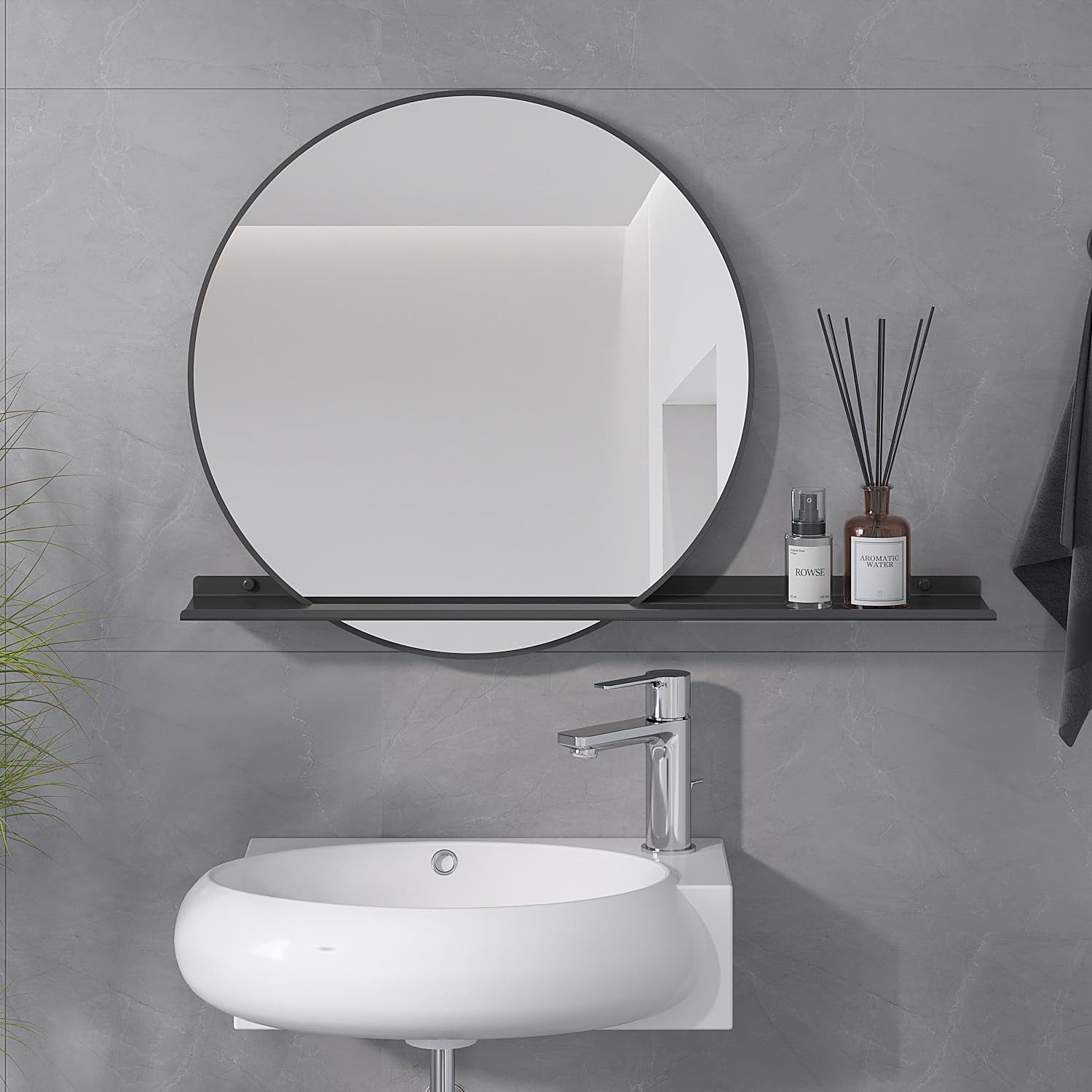 AQUALAVOS Spiegel Runder Badezimmerspiegel 50 cm mit Ablage schwarzer Rahmen ohne LED, Minimalistisches modernes Design für Flur Bad Waschtisch Schlafzimmer