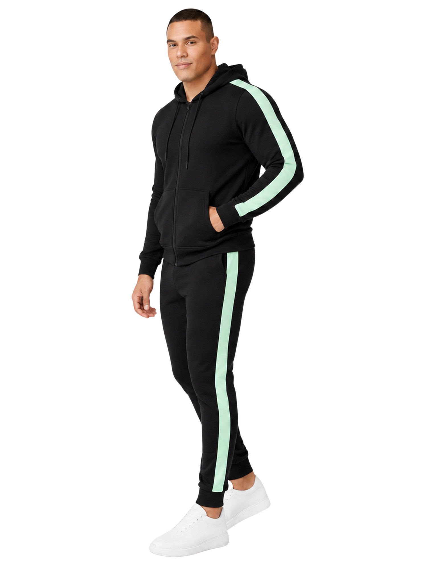 L.gonline Freizeitanzug Herren Jogginganzug zweifarbig sportlich mit Streifen, 526 (Kapuzenjacke mit Reißverschluss, Hose, 2-tlg), Fitness Freizeit Casual – Bild 2 von 5