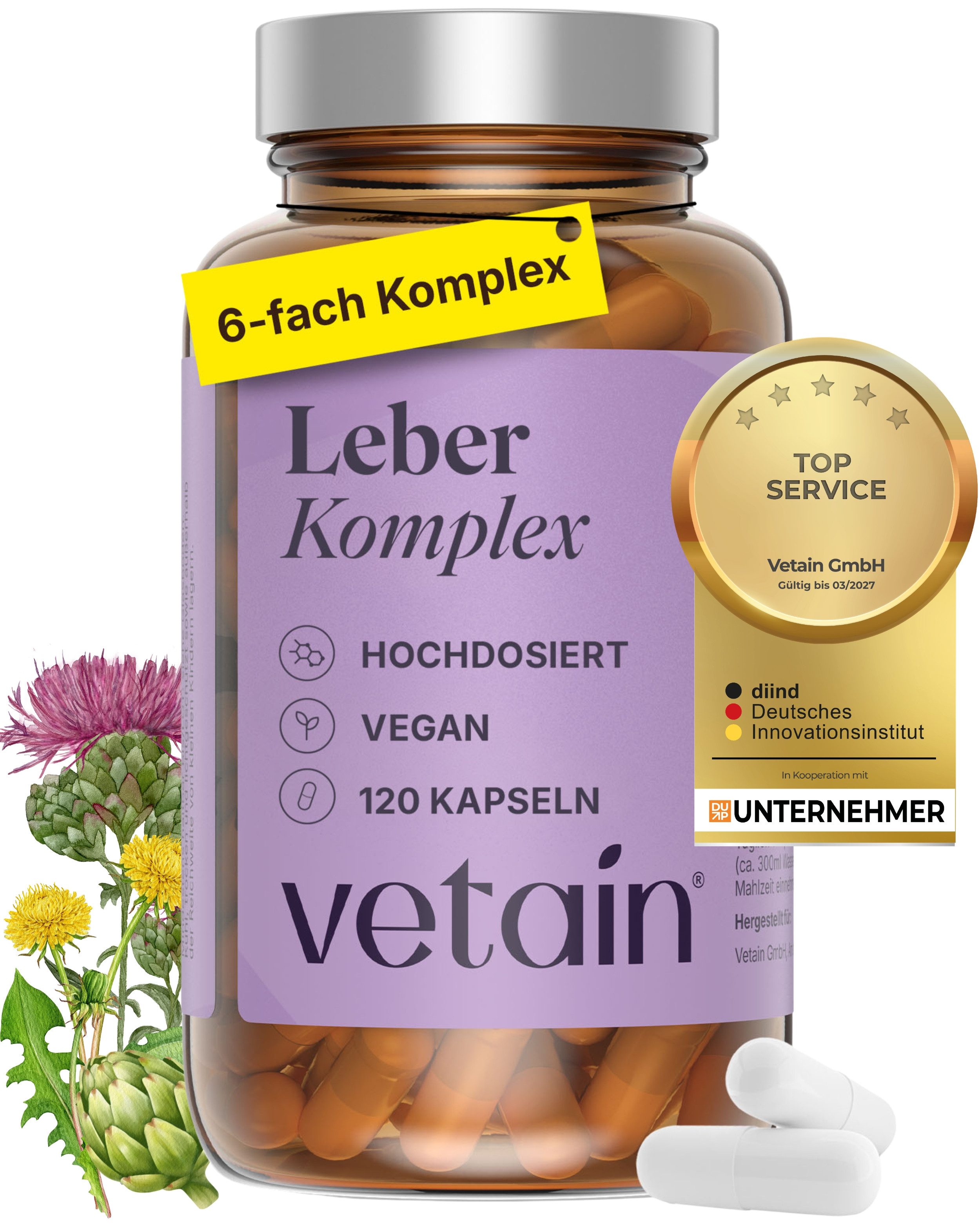 VETAIN VETAIN Leber Komplex - Mit Mariendistel & Cholin - 6-in-1 Leberkur Kapseln, 120 er, Löwenzahn, Cholin, Artischocke, Curcuma & Zink, Hochdosiert & vegan