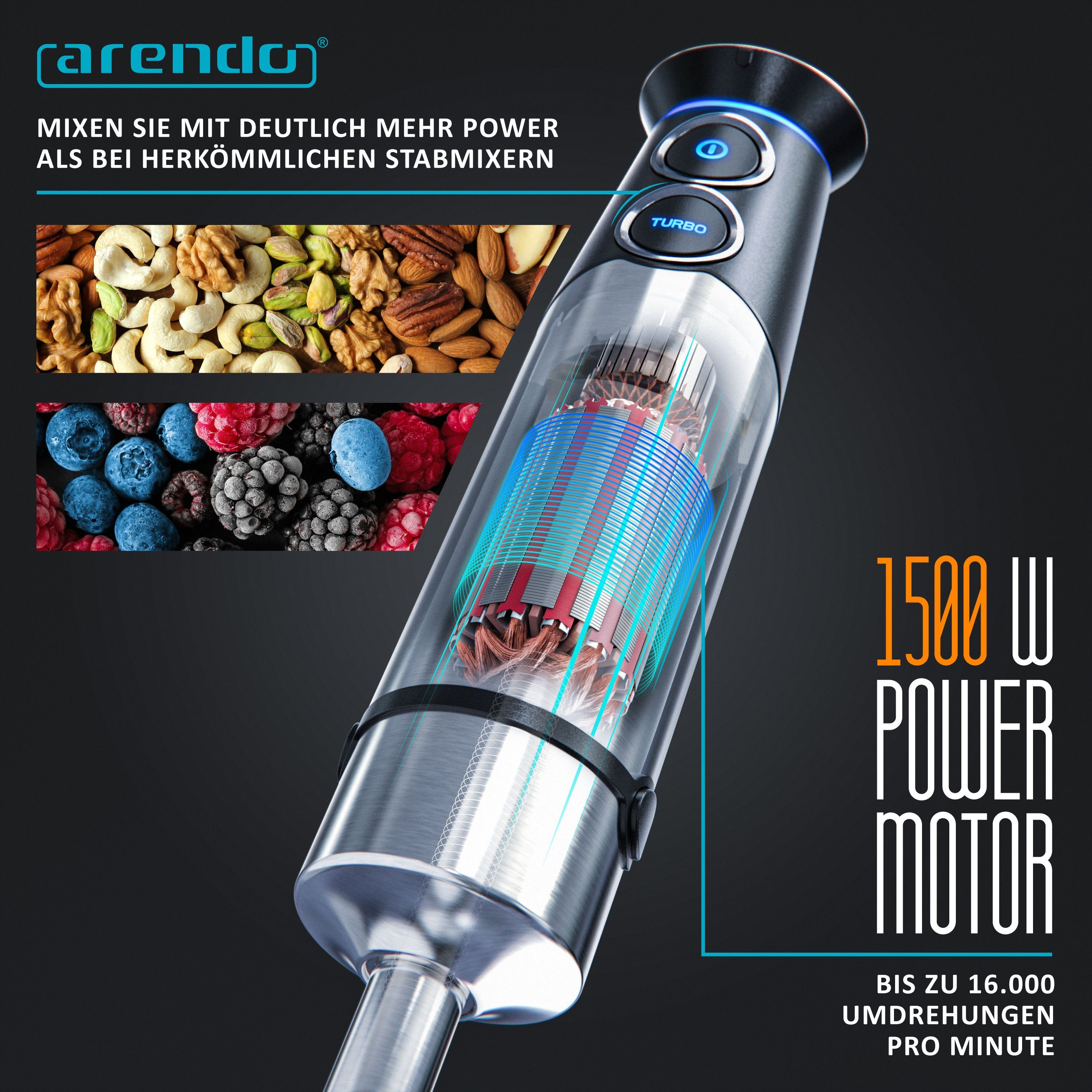 Arendo Stabmixer Edelstahl Pürierstab Set mit Zerkleinerer & Messbecher, Handmixer, 1500 W, mit Schneebesen, 2 Geschwindigkeitsstufen, 4-Klingen, DC Motor – Bild 5 von 5