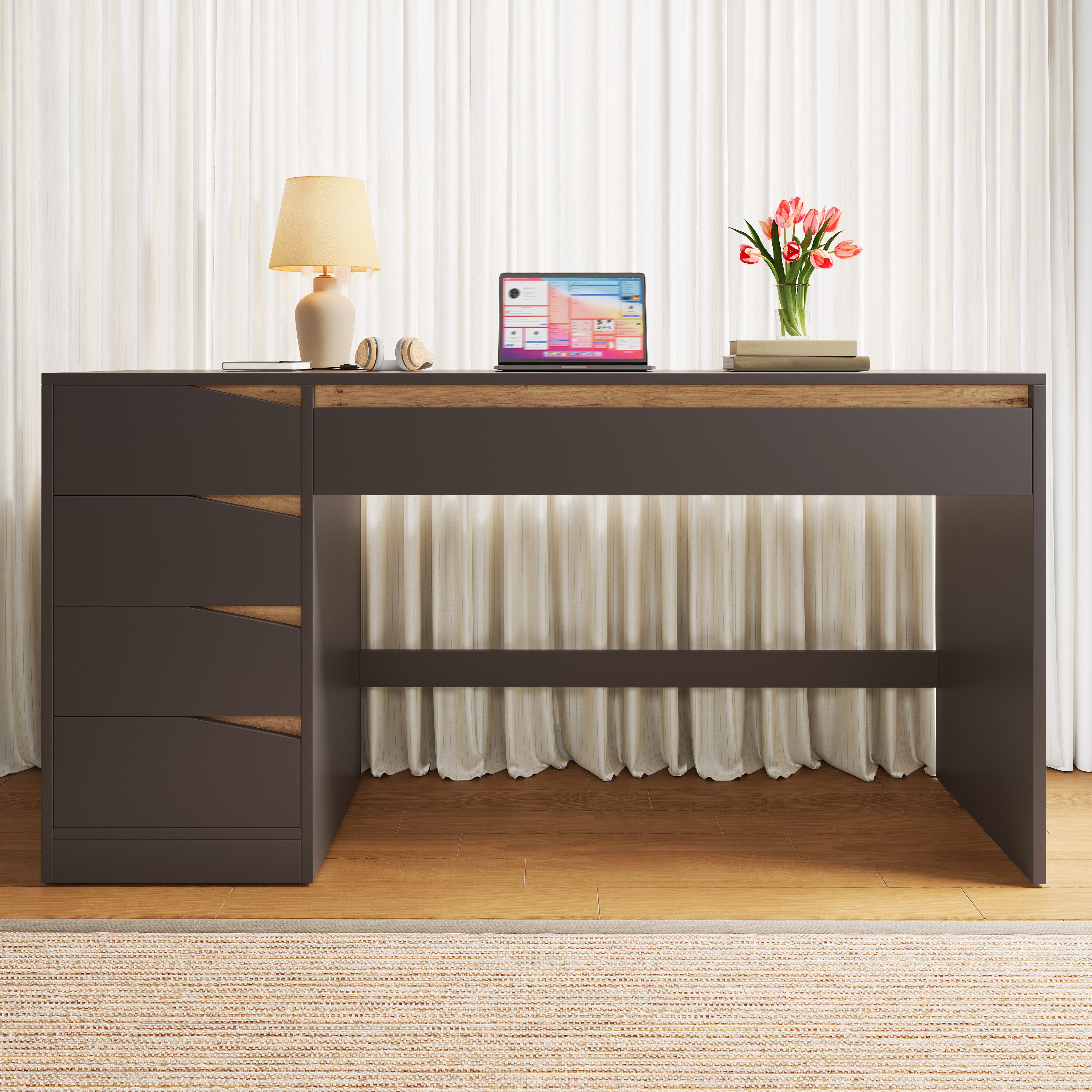 Flieks Schreibtisch Computertisch Arbeitstisch Bürotisch (140x50x78 cm, 1-St., 1 Tisch), rechteckiger Multifunktionstisch mit 5 Schubladen Dunkelgrau