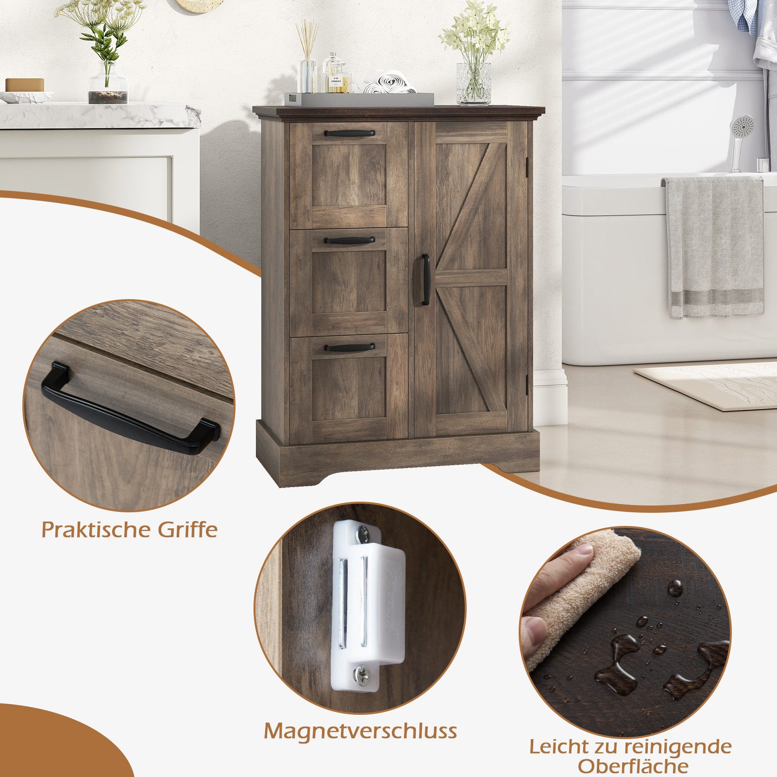 KOMFOTTEU Sideboard, Badezimmerschrank mit Scheunentür, 2 Ablagen & 3 Schubladen