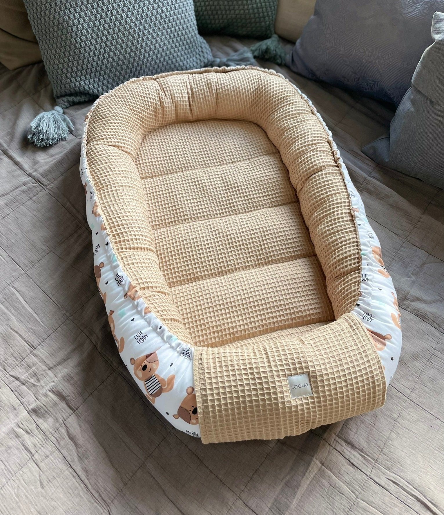 Loolay Bettnestchen TAUPE WAFFELPIQUE Braun TEDDY Baumwolle BABYNEST Babykokon Kokon, (Neugeborene Babyaustattung Reisebett Nestchen SOLO/ o. in Geschenk SETS,  – Bild 5 von 5