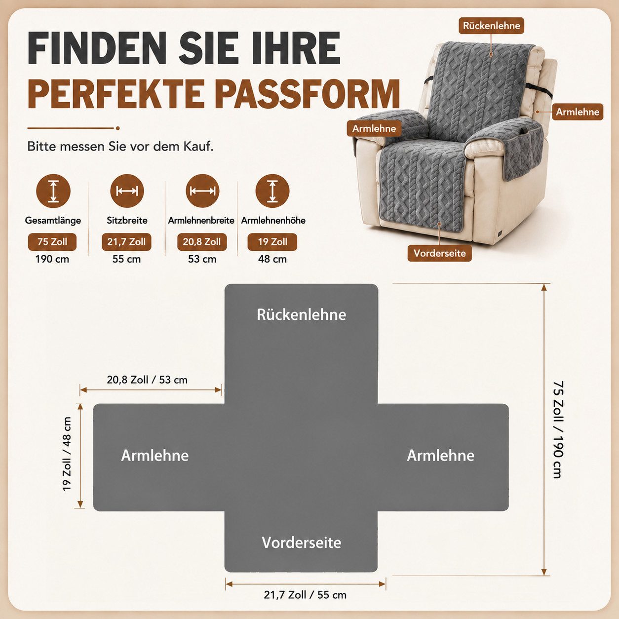 BlingBin Sesselschoner Sofa Armlehnenbezüge für Relaxsessel, Sessel Überzug Rutschfest, Schonbezug Sessel Fernsehsessel mit Taschen,für Senioren Haustieren – Bild 3 von 5