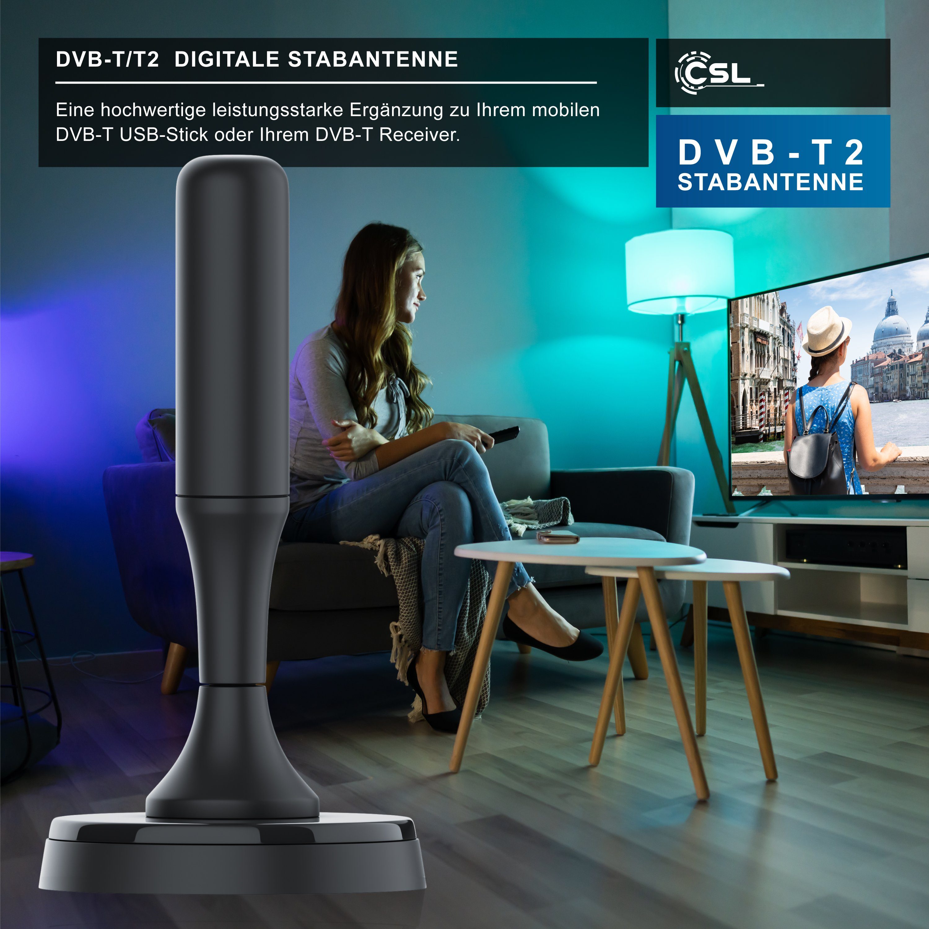 inkl. DVB-T2, / Stabantenne digitale CSL 4m F-Stecker Innenbereich), Adapter mit (DVB-T, Antenne für Kabel