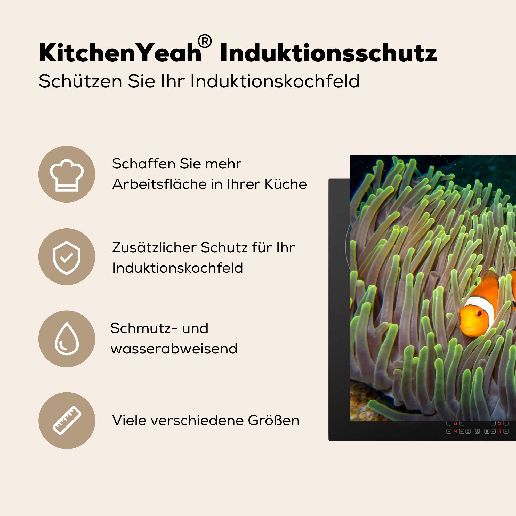 MuchoWow Herdblende-/Abdeckplatte Fisch - tlg), - küche, cm, 81x52 Grün, Induktionskochfeld die Schutz Ceranfeldabdeckung (1 Anemone Vinyl, für