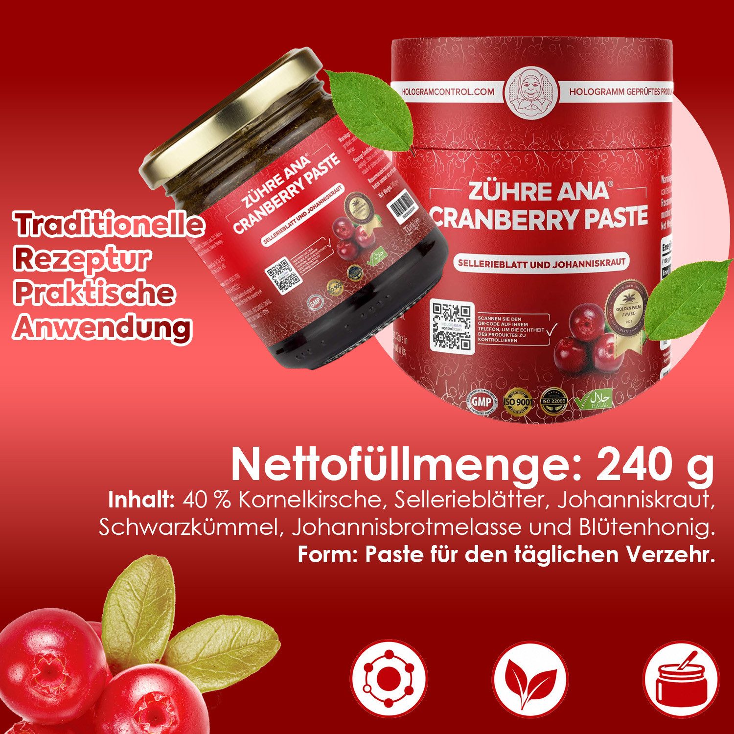 Zühre Ana® Cranberry Paste – Fruchtige Rezeptur mit Cranberry-Extrakt Paste, 240 g, Cranberry Paste – Reich an Vitamin C, natürlich.