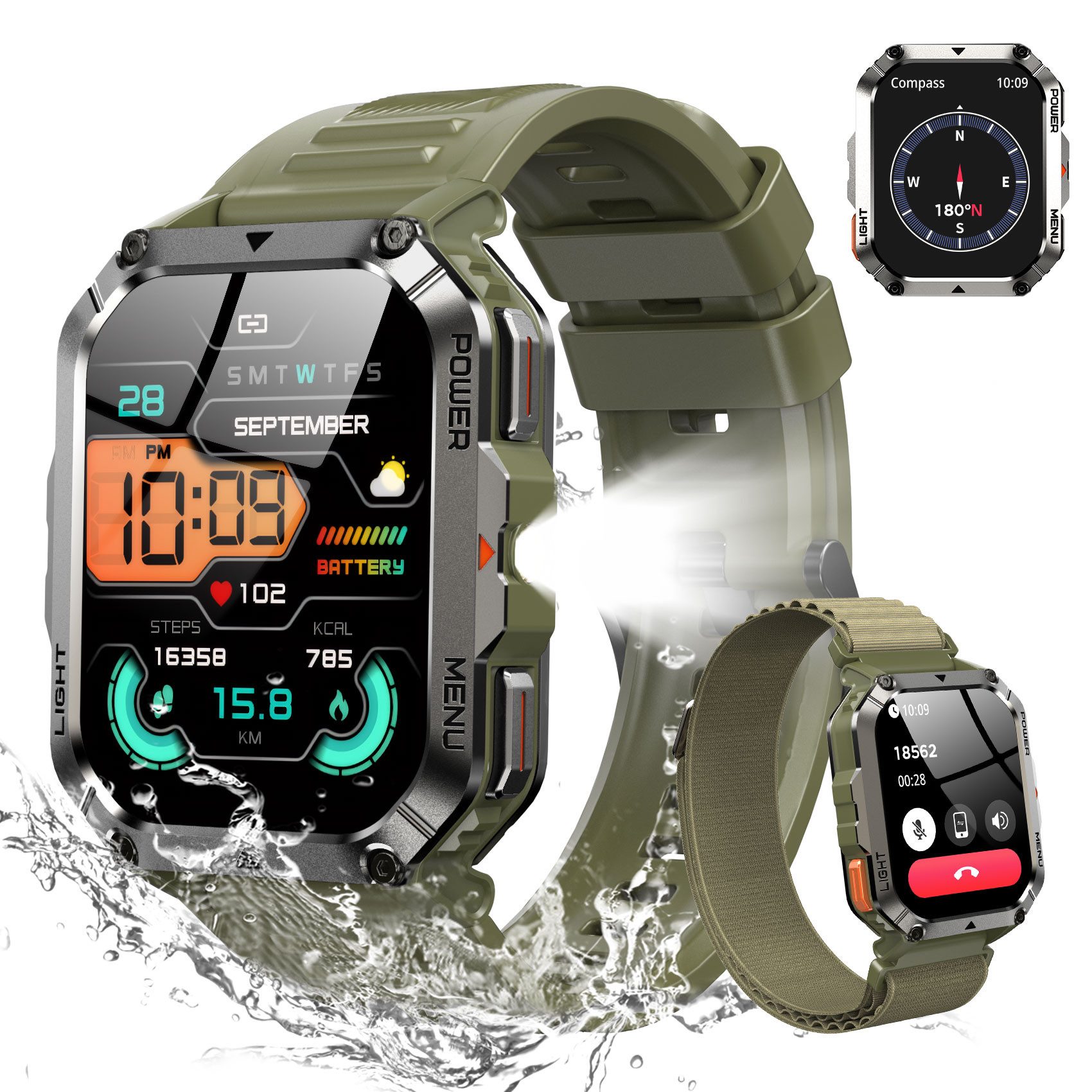 blackview Militär-Smartwatch Herren mit 900mAh Akku/LED-Taschenlampe/Kompass/SOS (2.01 Zoll, iOS/Android), 2×Riemen (Silikonband + gewebtes Band) 1×magnetisches Ladekabel, Herzfrequenz,SpO₂& Schlafüberwachung,100+ Sportmodi,Schrittzähler,IP68