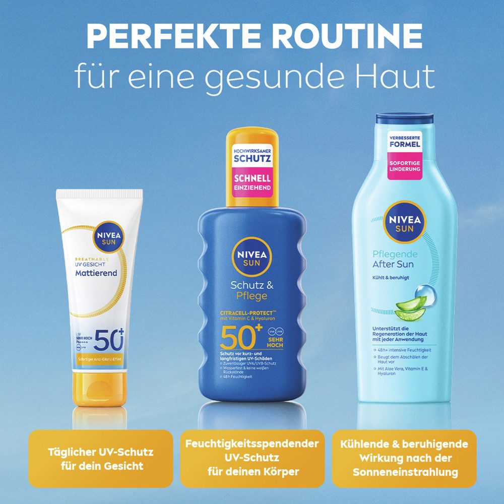 Nivea Sun Sonnenschutzspray Schutz & Pflege Spray LSF50+ 200ml mit To Go Größe Gratis, 2-tlg., wirkt über herkömmliche UV-Filter hinaus