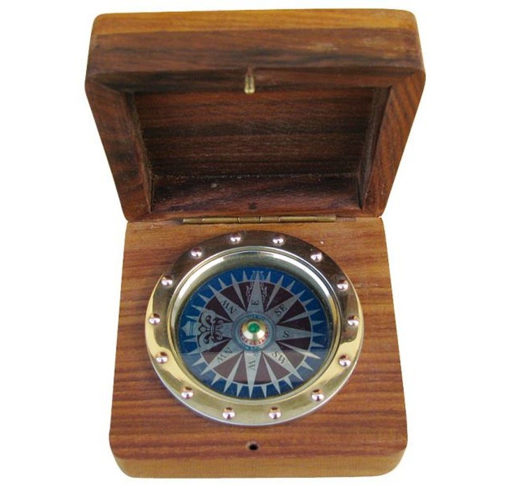 Linoows Dekoobjekt Kompass In Holzbox Tischkompass, Windrosenblatt, mit Scheiben einer