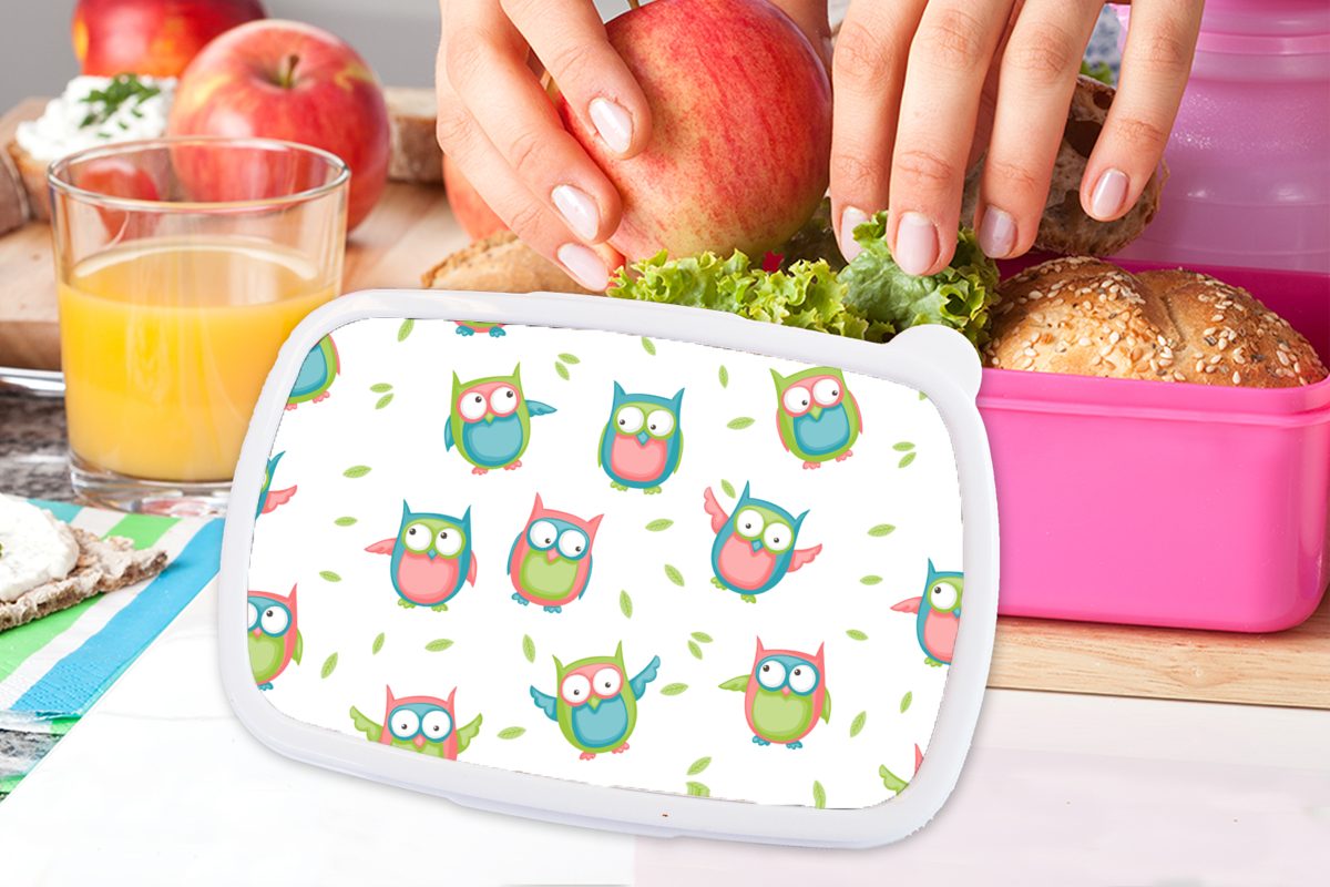 MuchoWow Lunchbox Eulen - Muster Brotbox Erwachsene, Snackbox, Mädchen, Kinder, (2-tlg), - für Kinder, Brotdose rosa Kunststoff Kunststoff