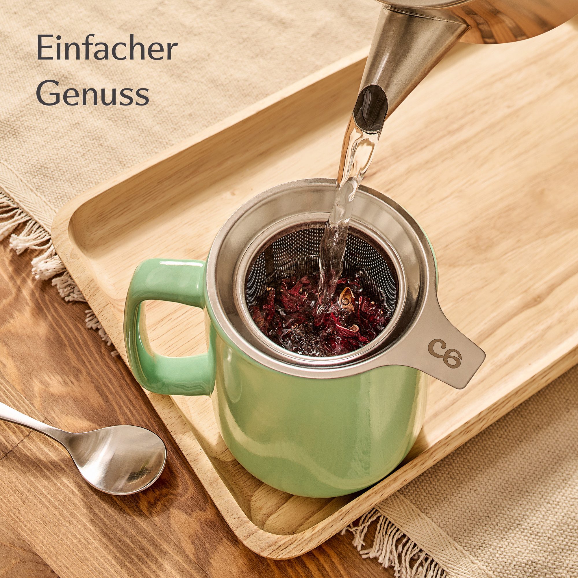 Cosumy Teeglas Teetasse mit Sieb und Deckel - Keramik Türkis - Hält Lange warm, 1-tlg., Keramik, Hält Lange warm - 500 ml XXL Groß - Spülmaschinenfest