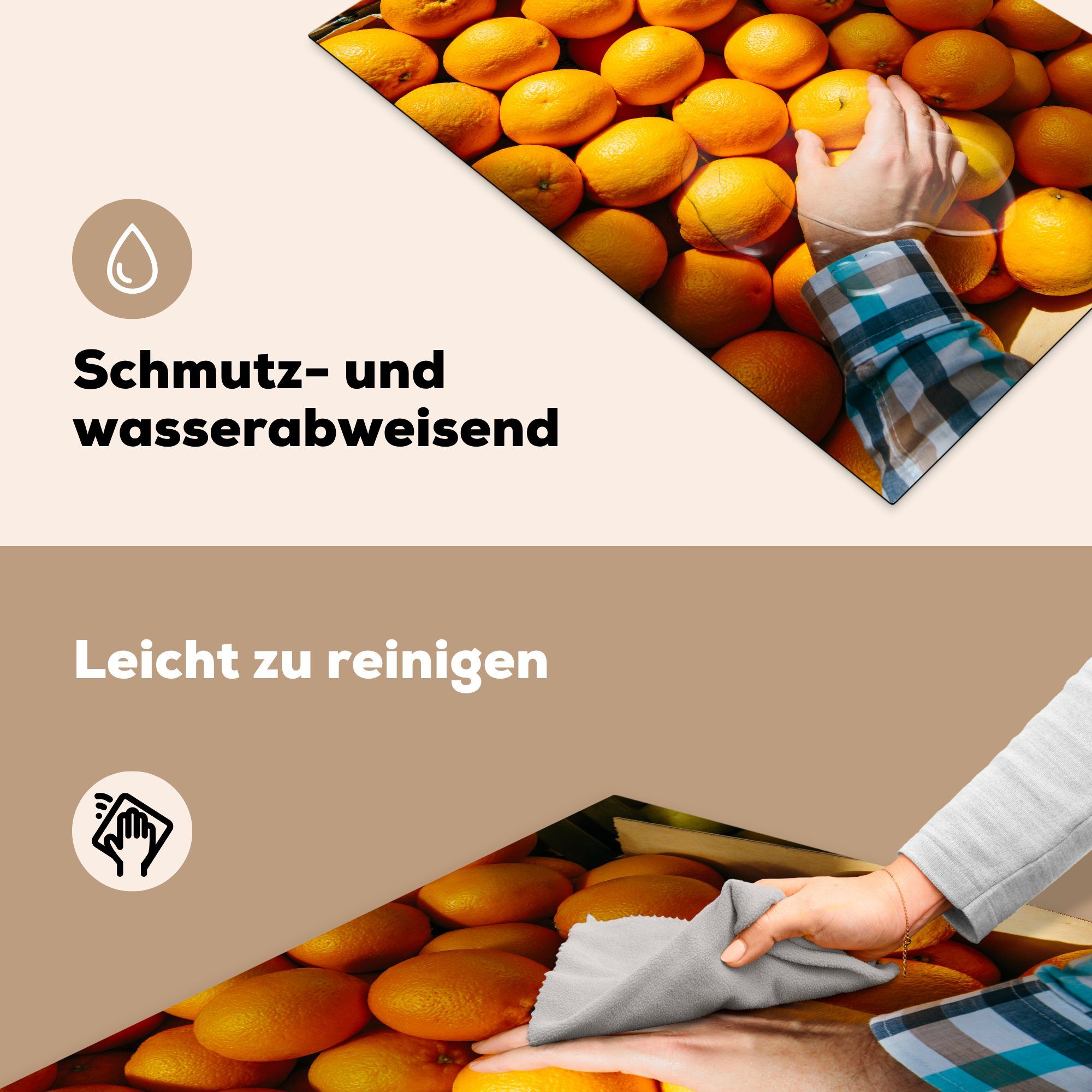 MuchoWow Herdblende-/Abdeckplatte Orange - tlg), für cm, 81x52 Obst Schutz küche, Ceranfeldabdeckung Vinyl, - Markt, Hand Induktionskochfeld die - (1