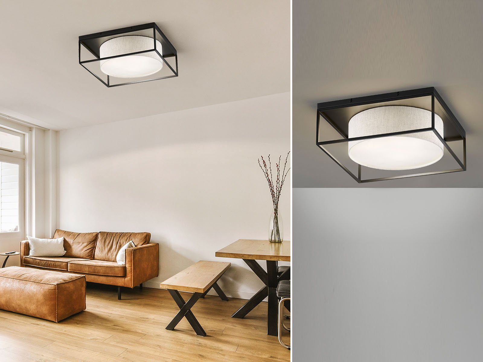 FISCHER & HONSEL LED Deckenleuchte, Dimmfunktion, LED wechselbar, Warmweiß, quadratisch 50x50cm groß, Schwarz mit Lampenschirm Leinen-Stoff Beige