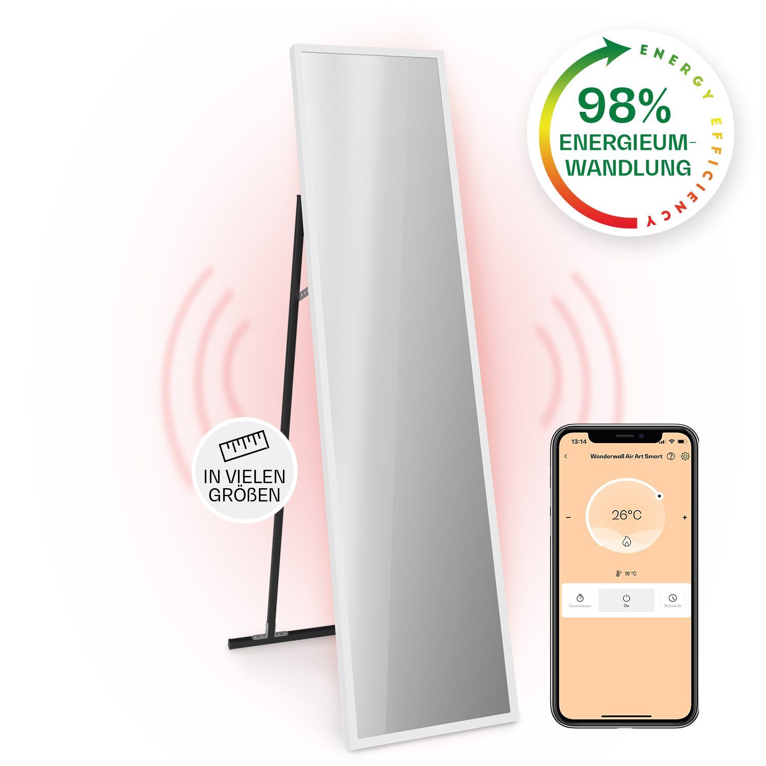 Klarstein Heizkörper La Palma Smart 900 W white, Standgerät elektrische Infrarot Heizung Spiegel Thermostat elektrisch