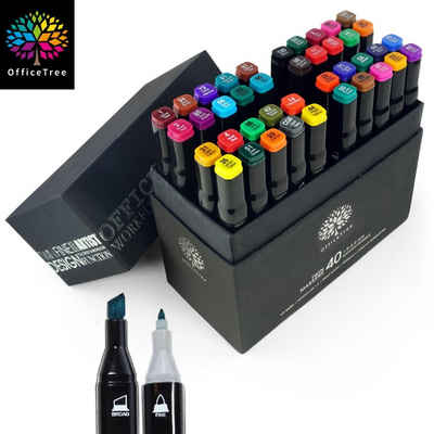 OfficeTree Marker 40er Set Twin Marker Stifte Intensive Farben, (40er Set Twin Marker), Twin Marker Duo-Fasermaler zum Skizzieren Layouten Illustrieren Zeichnen Malen