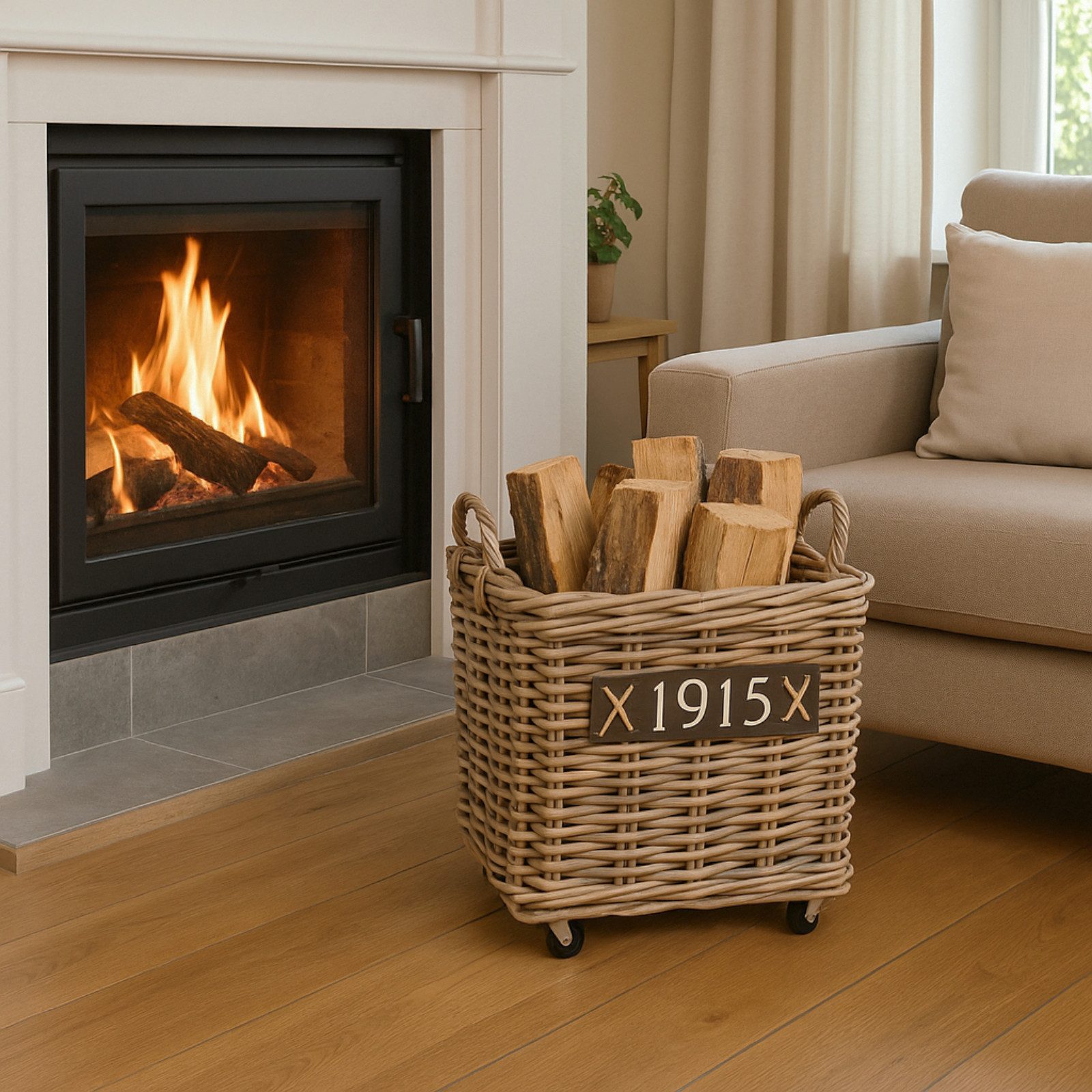 Van der Leeden Kaminholzkorb Feuerholzkorb Brennholz Rattan Rollen Handmade günstig online kaufen