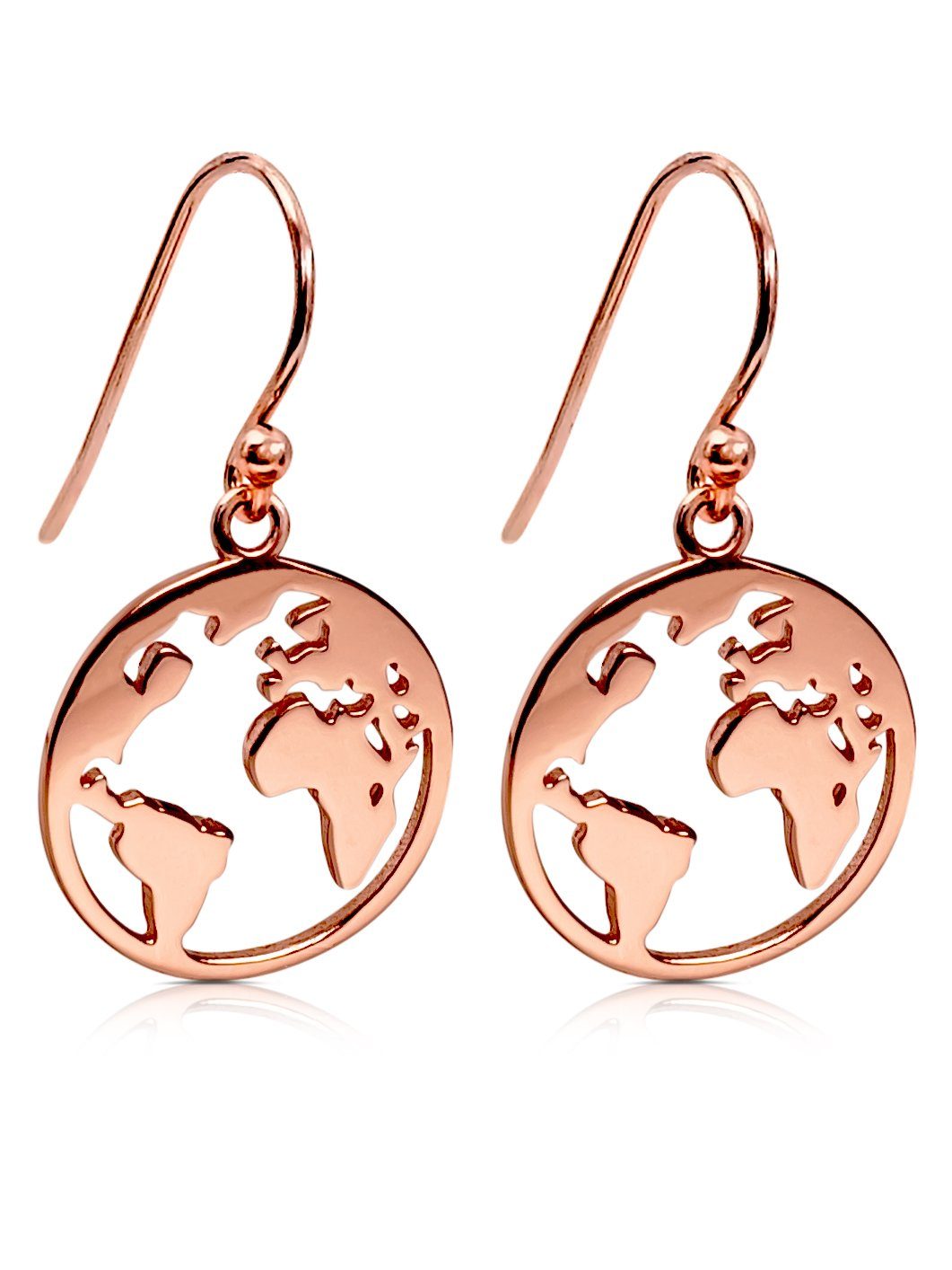 VIASOUL Paar Ohrhänger Weltkugel I Weltkarte Ohrringe für Damen Welt I Mit Zertifikat, strahlender Glanz, Sterlingsilber Rose