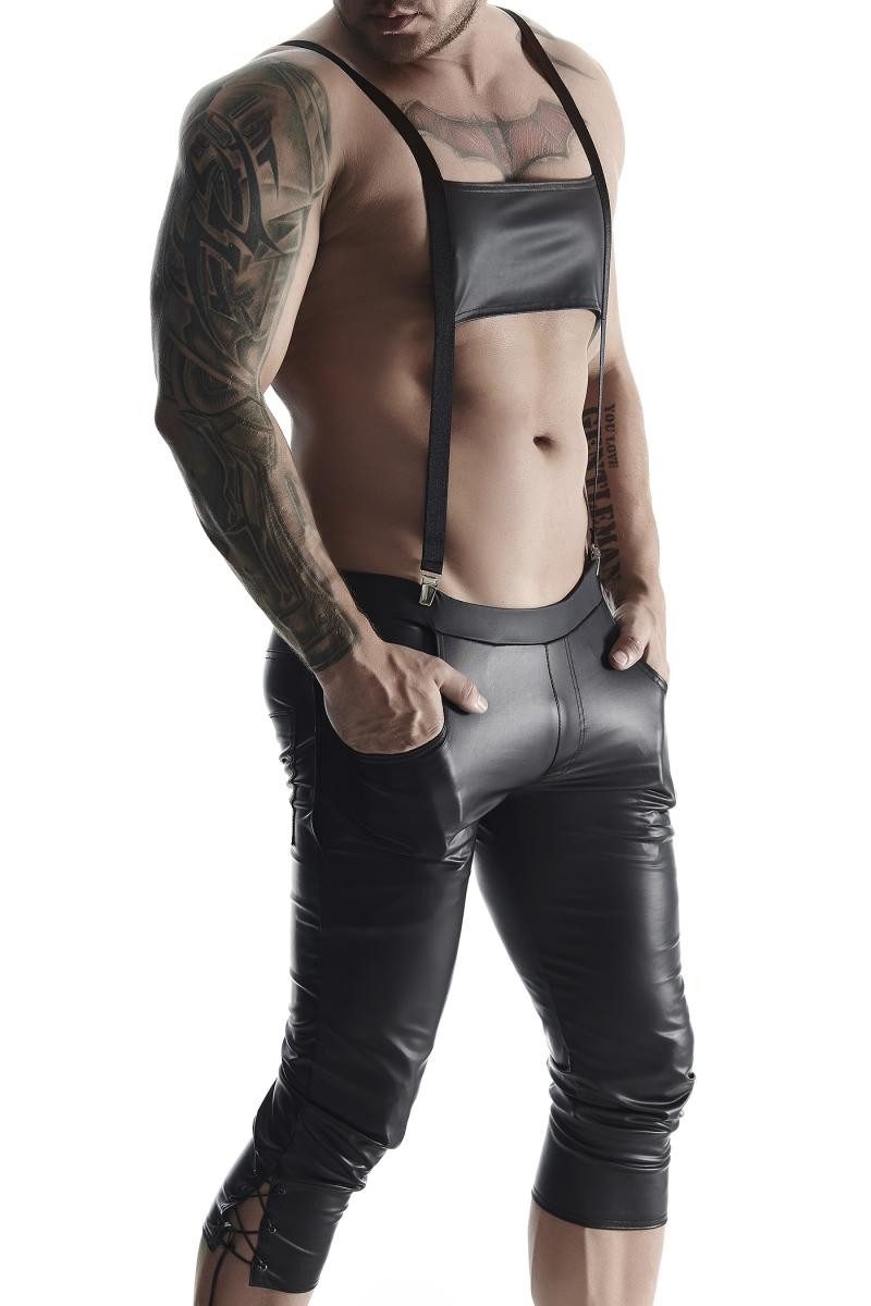 Regnes Fetish Planet Lederimitathose Herren Bermuda Shorts wetlook schwarz fetisch Männer Latzhose mit Hose