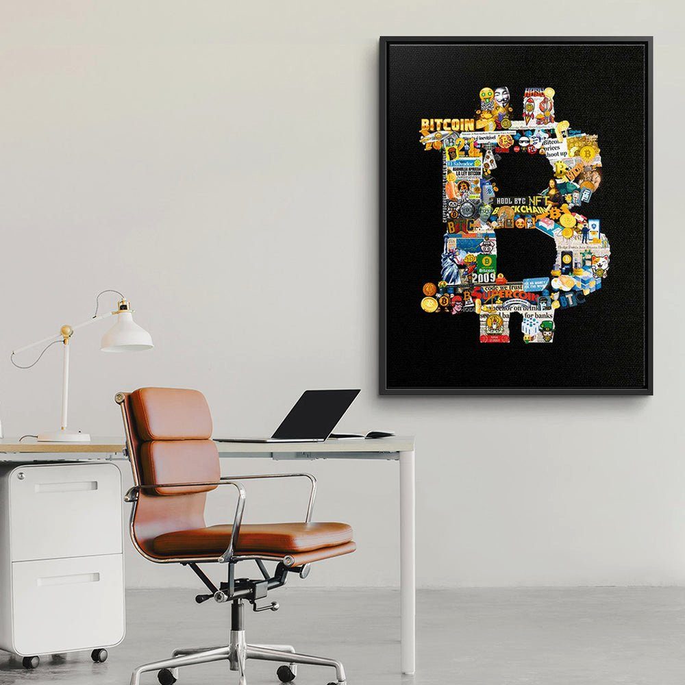 DOTCOMCANVAS® Leinwandbild, Leinwandbild Bitcoin Pop Geld Art crypto collage schwarzer DOTCOMCANVAS Rahmen schwarz