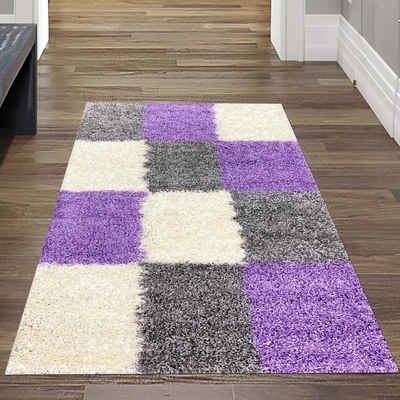 Teppich Hochflor Teppich Karo Muster in Flieder, Grau und Creme, Teppich-Traum, rechteckig, Allergiker geeignet