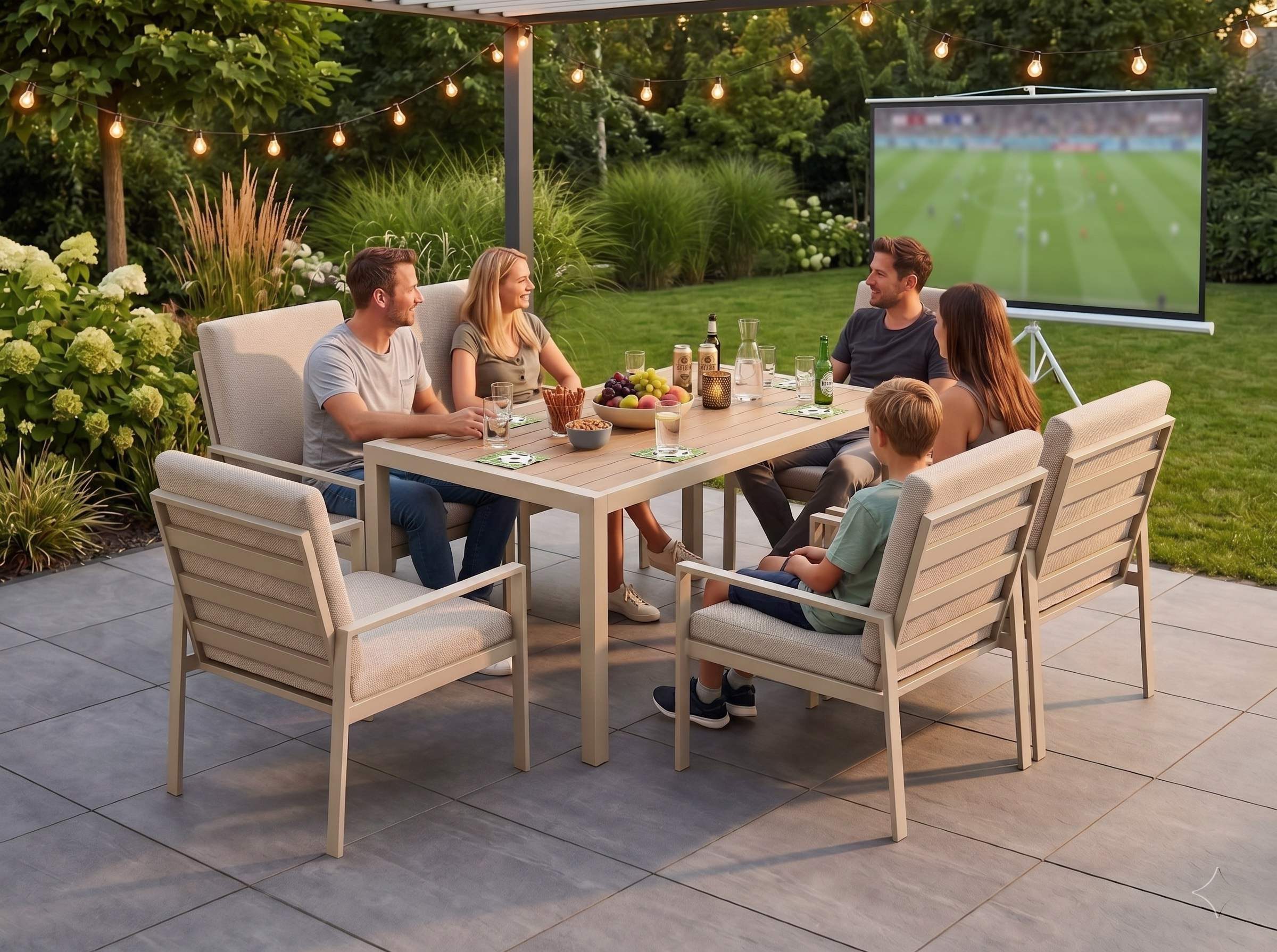 MeXo Gartenlounge-Set Gartenmöbel Set Aluminium Outdoor, (Garten-Essgruppe für 6 Personen, 7-tlg., mit Polywood Tisch & Auflagen), wetterfest für Terrasse & Gar – Bild 4 von 5