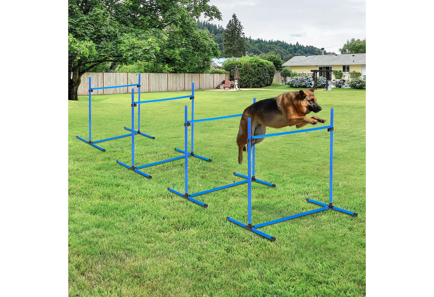 Thumbnail - HT Agility-Hürde 4-teilig 99x65x94 cm höhenverstellbar, mit 2 Hürdenstangen 2 Slalomstangen & 4 Bodenstangen aus Kunstst...