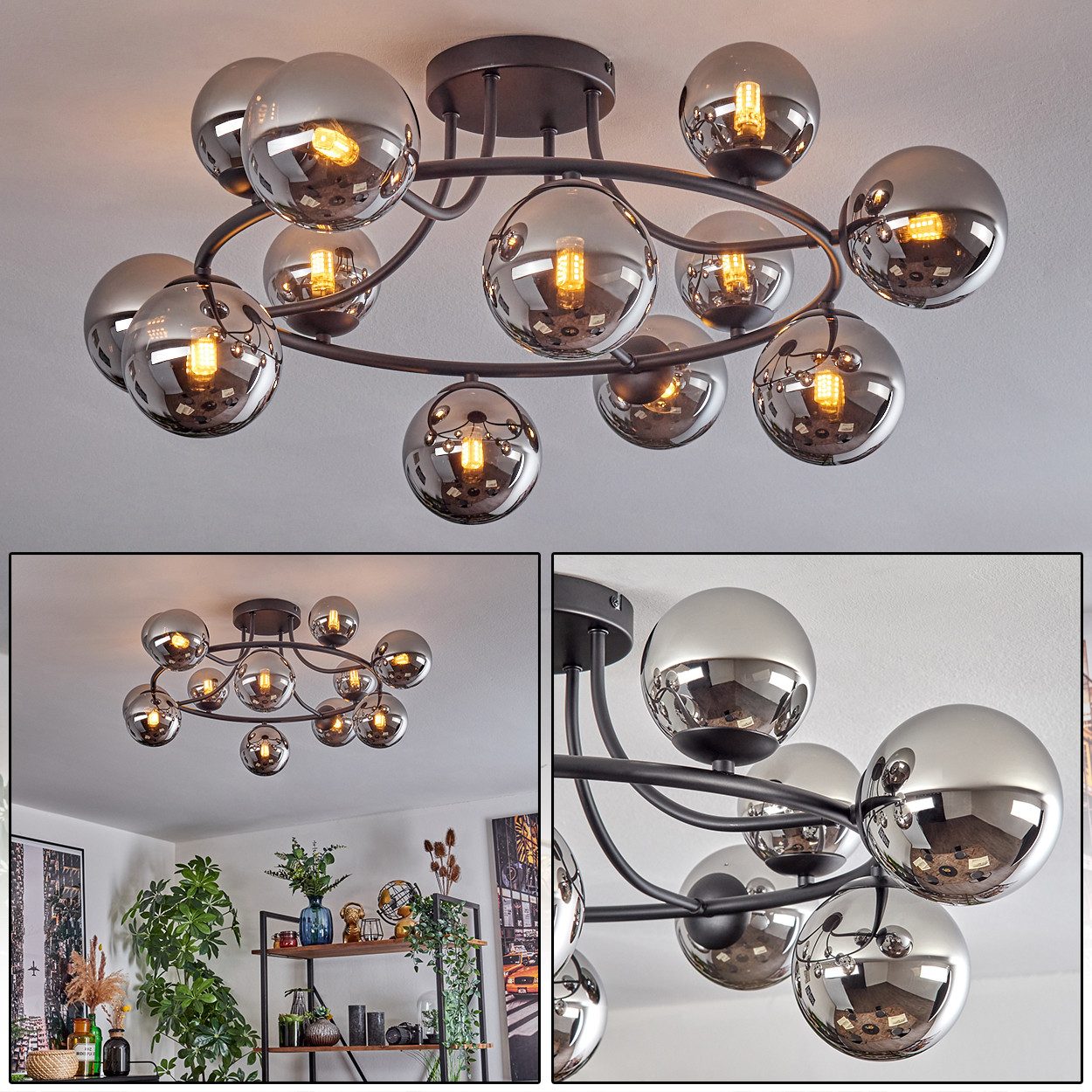 hofstein Deckenleuchte Deckenlampe aus Metall/Glas in Schwarz/Chrom/Rauch, günstig online kaufen
