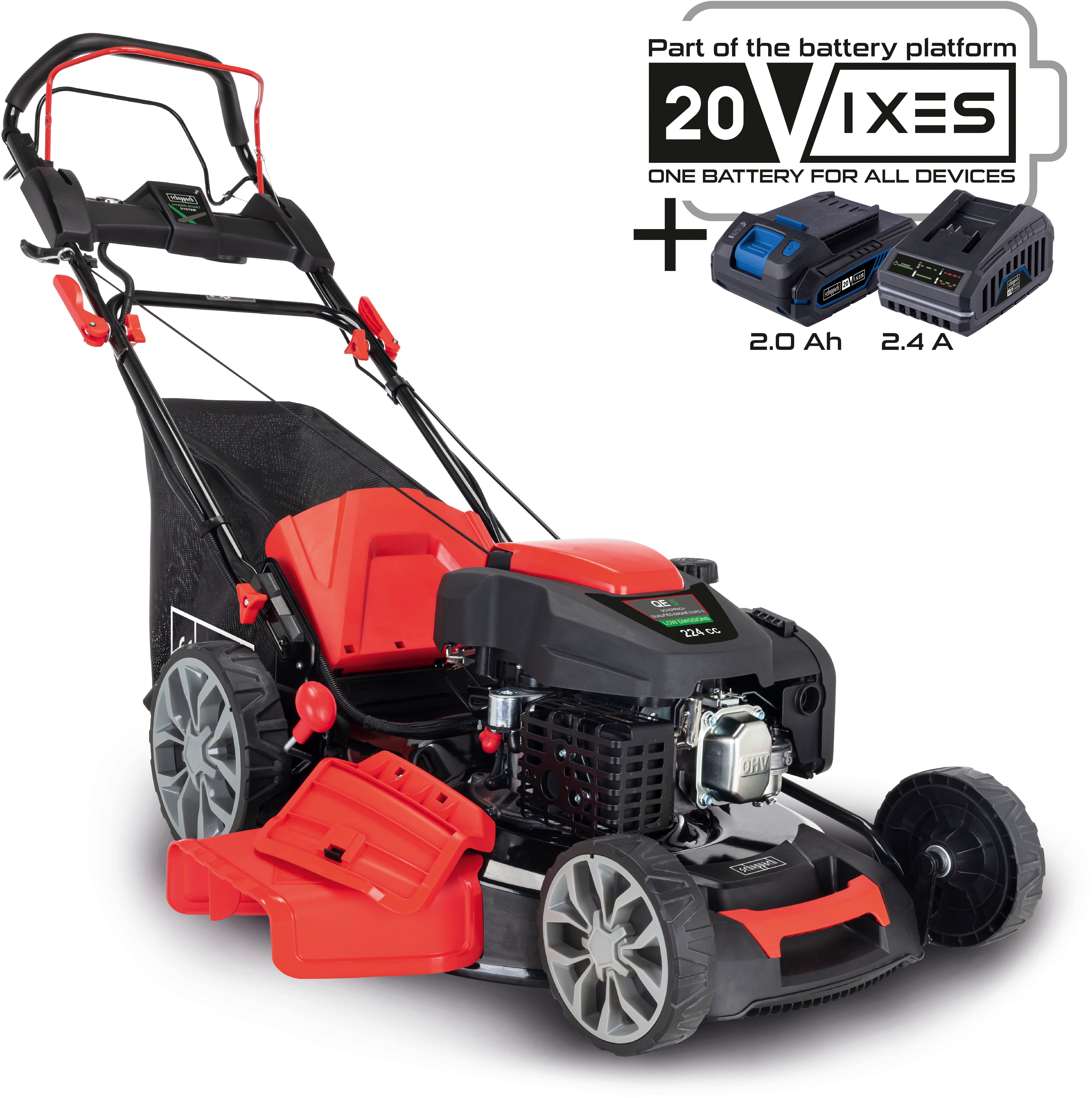 Scheppach Benzinrasenmäher MS225-56E, 56 cm Schnittbreite, Hybrid-Start-Benzin-Rasenmäher