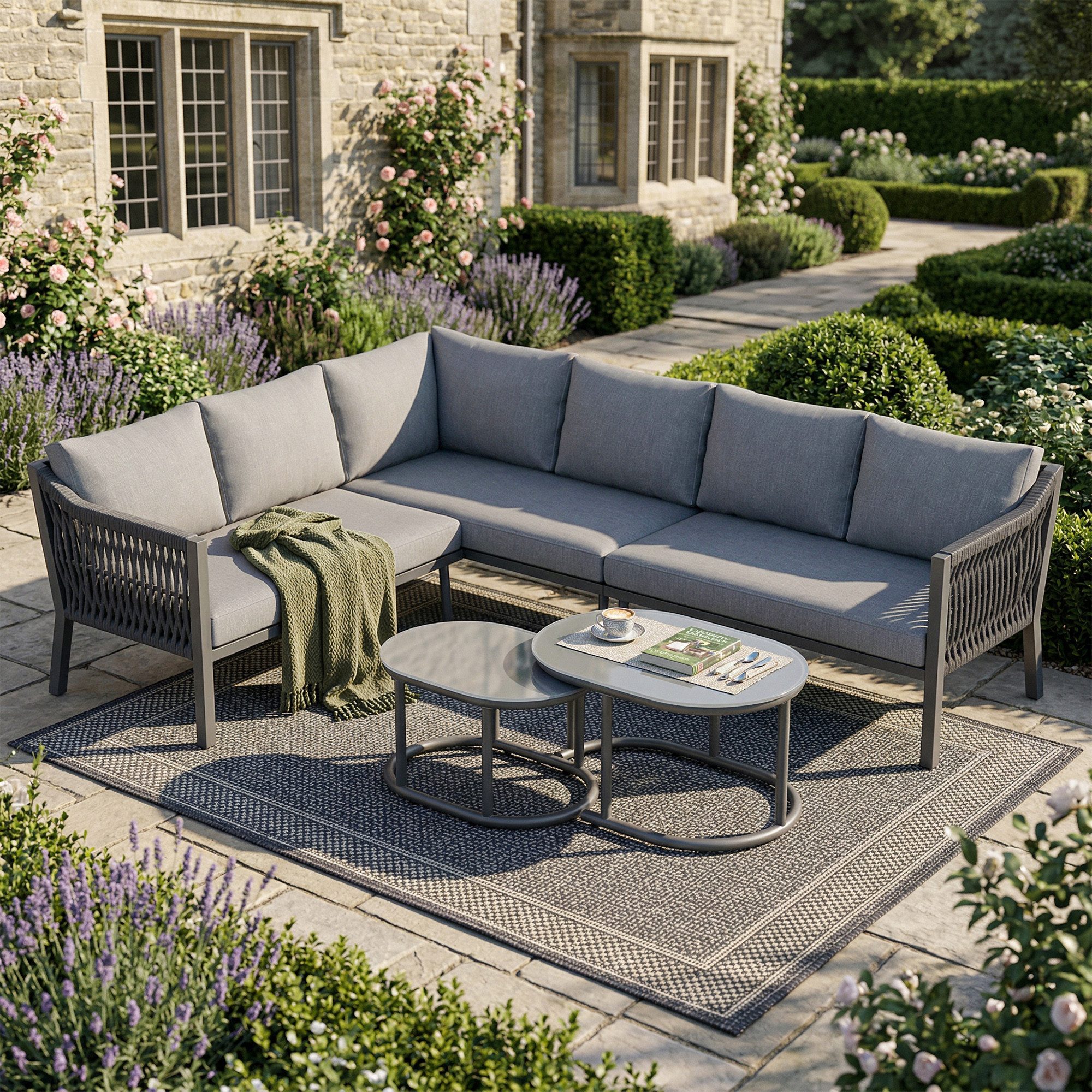 Flieks Gartenlounge-Set, 6-Sitzer Gartenmöbel Ecksofa, handgeflochtenes Seil, Glastischplatte