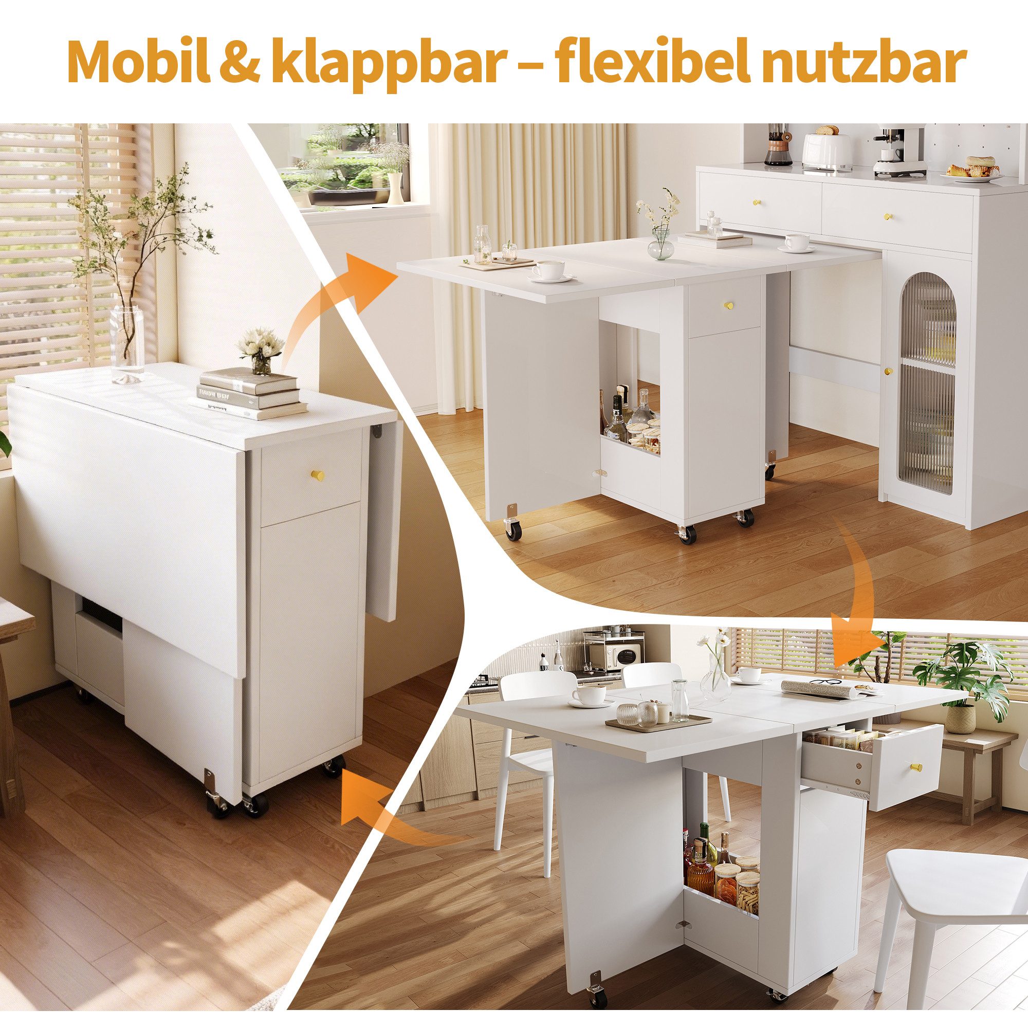Odikalo Esstisch Küchentisch mit Stauraum & bremsbaren Rollen (120 x 75 x 75 cm), mobile Küchenarbeitsfläche, für 2-4 Personen, mit offenem Stauraum, 2 Schubladen, bremsbaren Rollen, ideal für Küche, Wohnzimmer, Esszimmer)