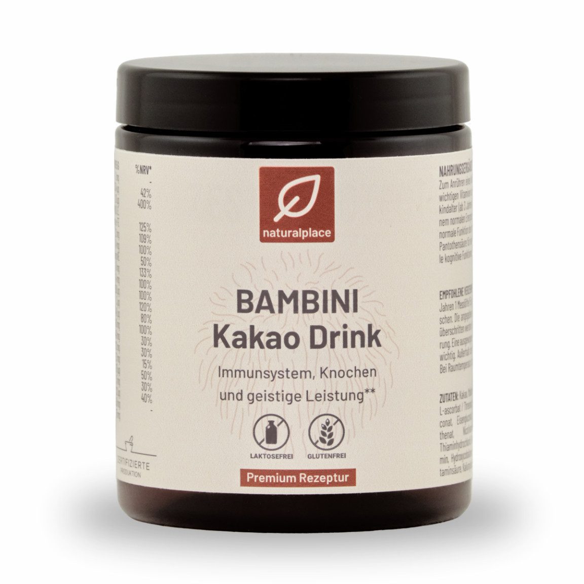 naturalplace® BAMBINI Kakao Drink - für Kinder ab 3 mit Vitalstoffen und Vitaminen, Pulver, 150 g, für Immunsystem, Knochen, und geistige Leistung**