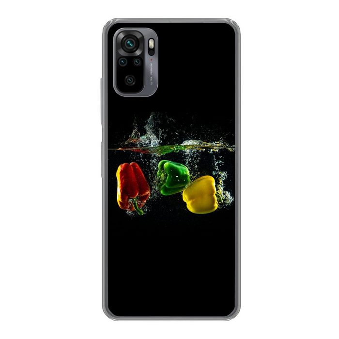 MuchoWow Handyhülle Paprika - Gemüse - Wasser - Schwarz - Rot - Grün - Gelb Phone Case Handyhülle Xiaomi Redmi Note 10 Silikon Schutzhülle
