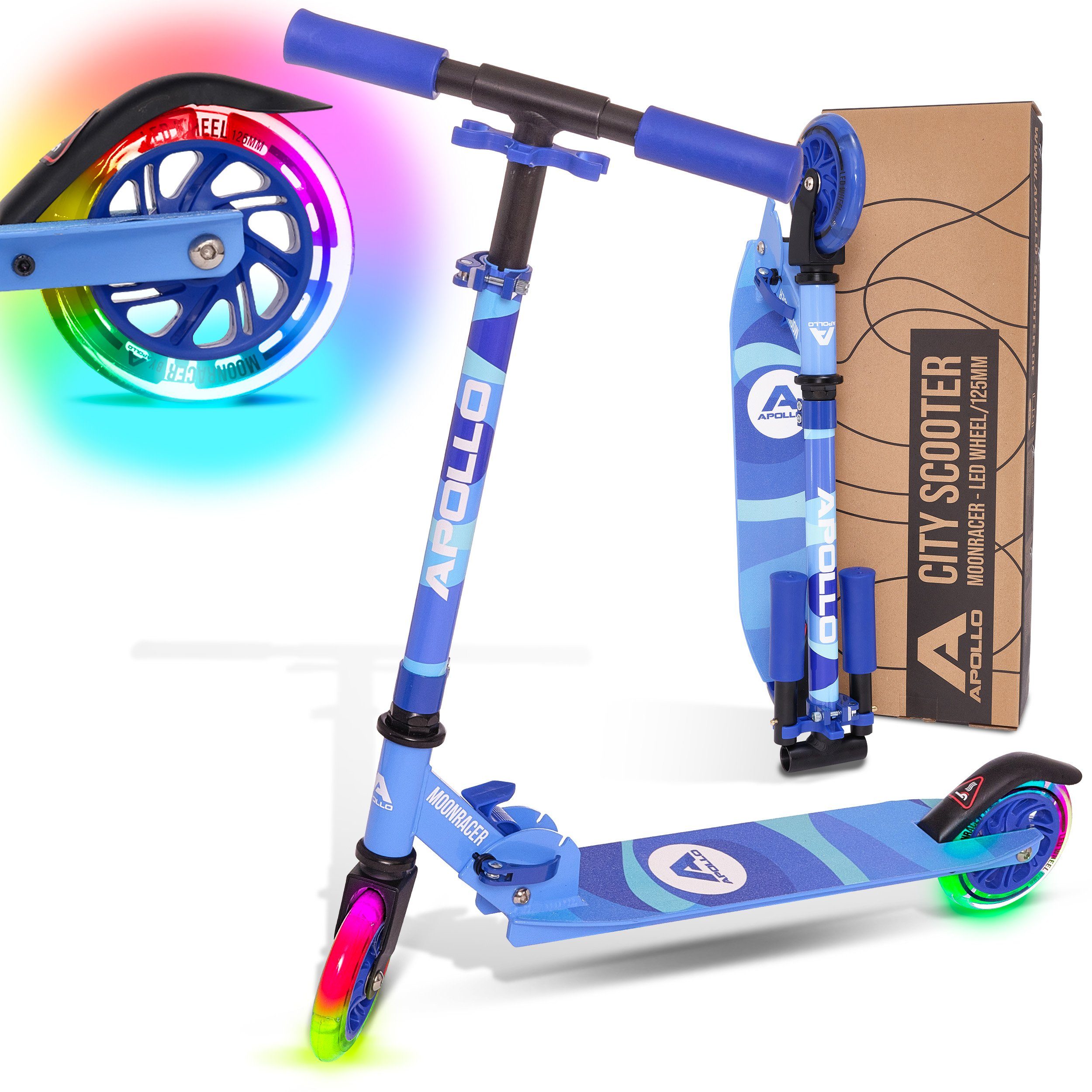 Apollo Cityroller LED City Scooter für Kinder Moonracer 125 mm Tretroller, Kinderroller ab 4 Jahre klappbar und höhenverstellbar