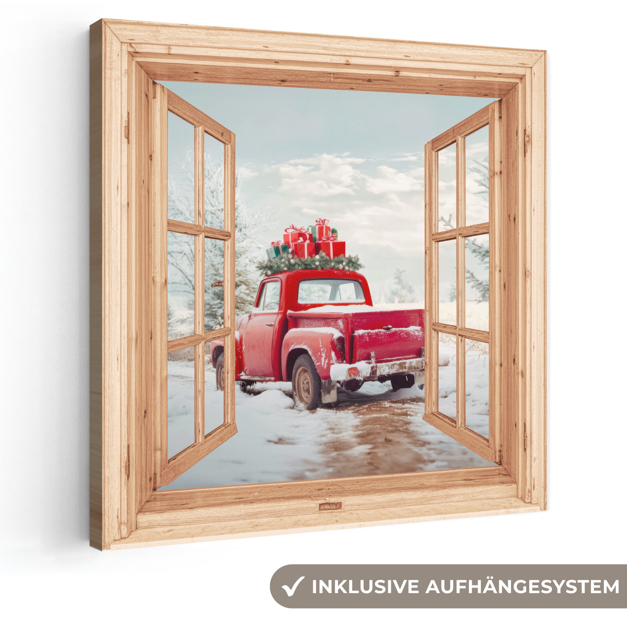 OneMillionCanvasses® Leinwandbild Fensterblick - Auto - Weihnachten - Winter, Fotodruck (1 St), Wandbild, Deko Schlafzimmer Wohnzimmer Flur 20x20 cm