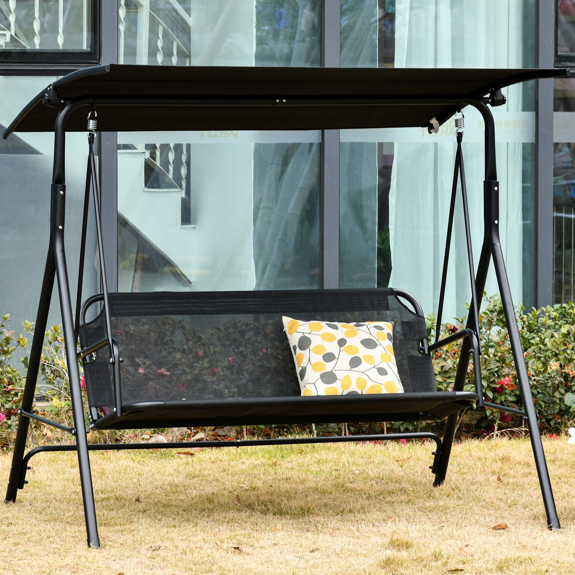 Outsunny Hollywoodschaukel Outdoor UV-beständig Gartenliege mit Metallrohr, 2-Sitzer, Verstellbares Dach, Schaukel, 1 tlg., Schaukelbank, für Garten, Balkon, Schwarz