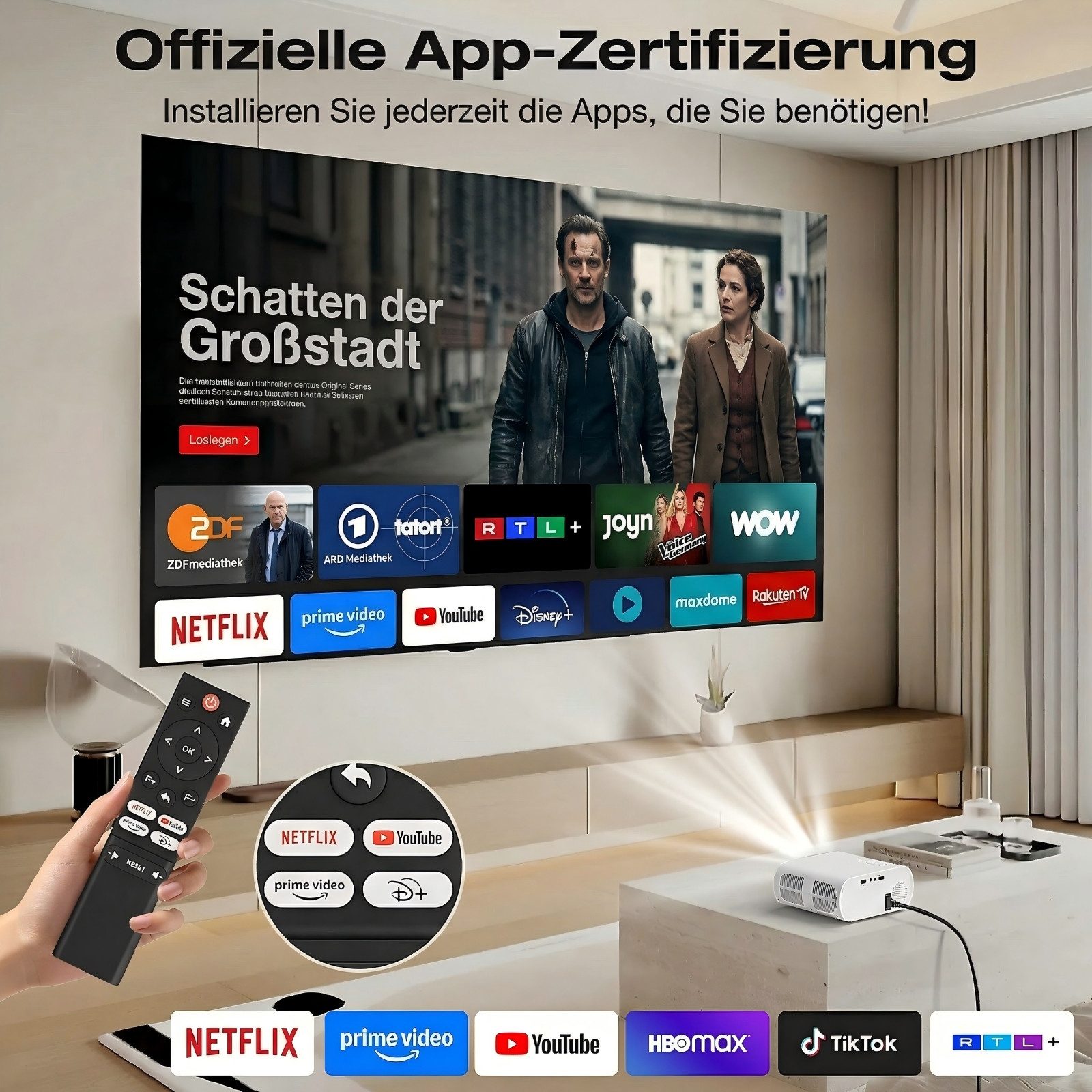 ZOOMCAT Mini Beamer 4K Mit Offiziell zertifizierte App Mini-Beamer (20000 lm, 20000 : 1, 3840x2160, 1920x1080 px, Elektrische Fokussierung, 4D 4P elektronische Trapezkorrektur)