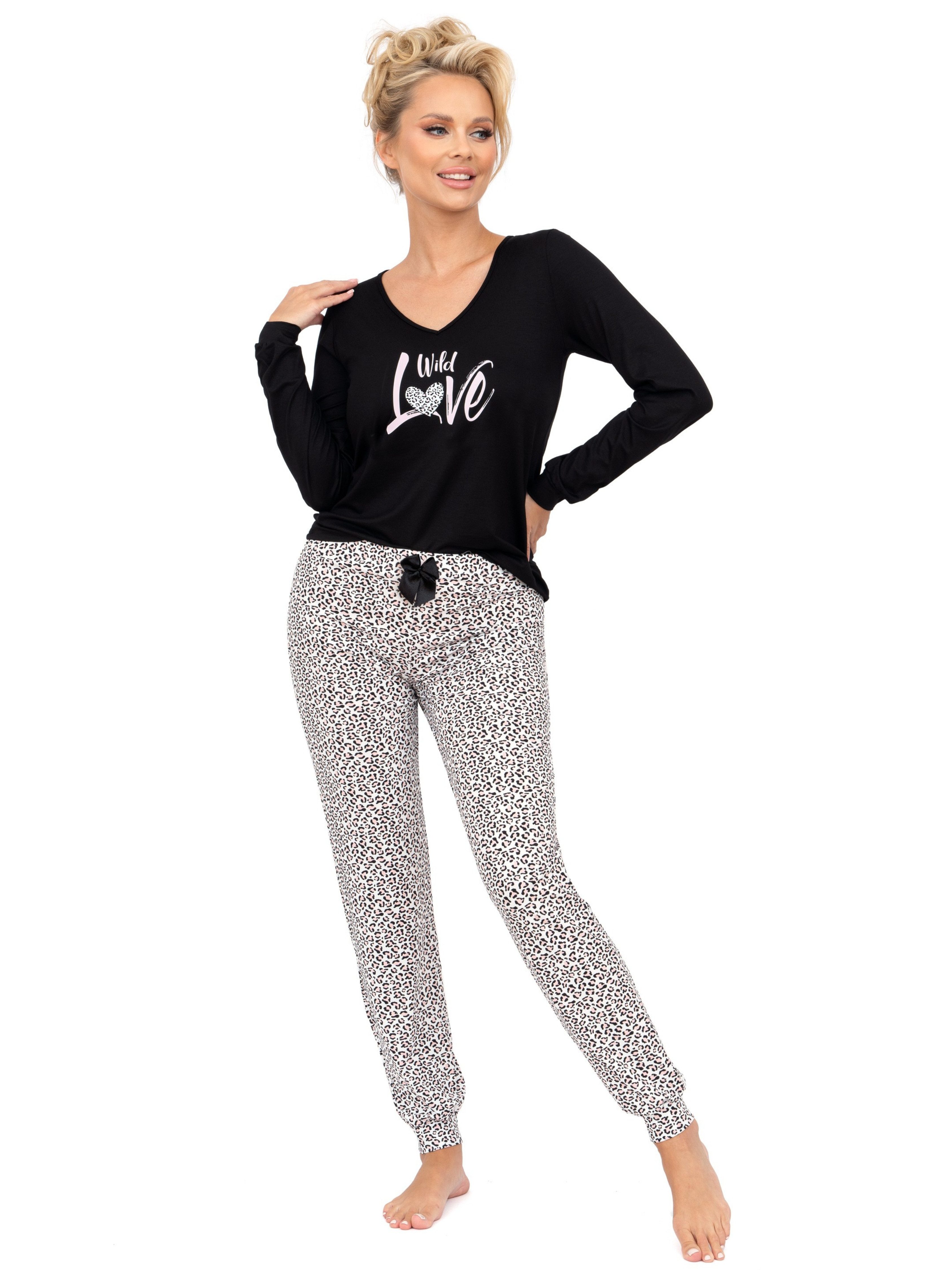 Donna Pyjama langarm Schlafanzug mit Motivdruck (2 tlg., 1 Stück) Schlafhose mit Leo-Print & passendem Basic-Shirt, Reine Baumwolle