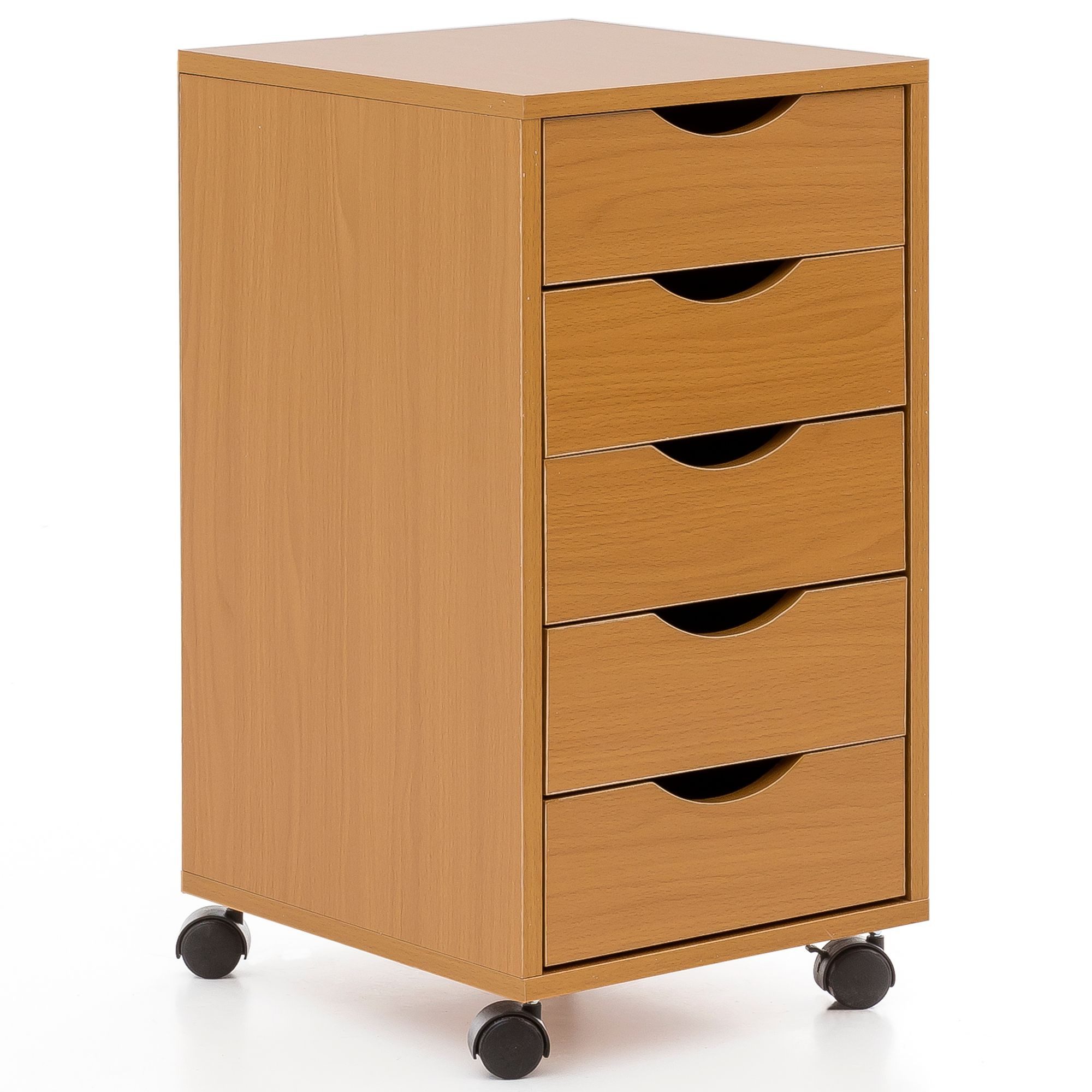 Wohnling Rollcontainer WL5.924, (Bürocontainer Buche 33x64x38, Schubladenschrank), Schreibtischcontainer mit Rollen und Schubladen