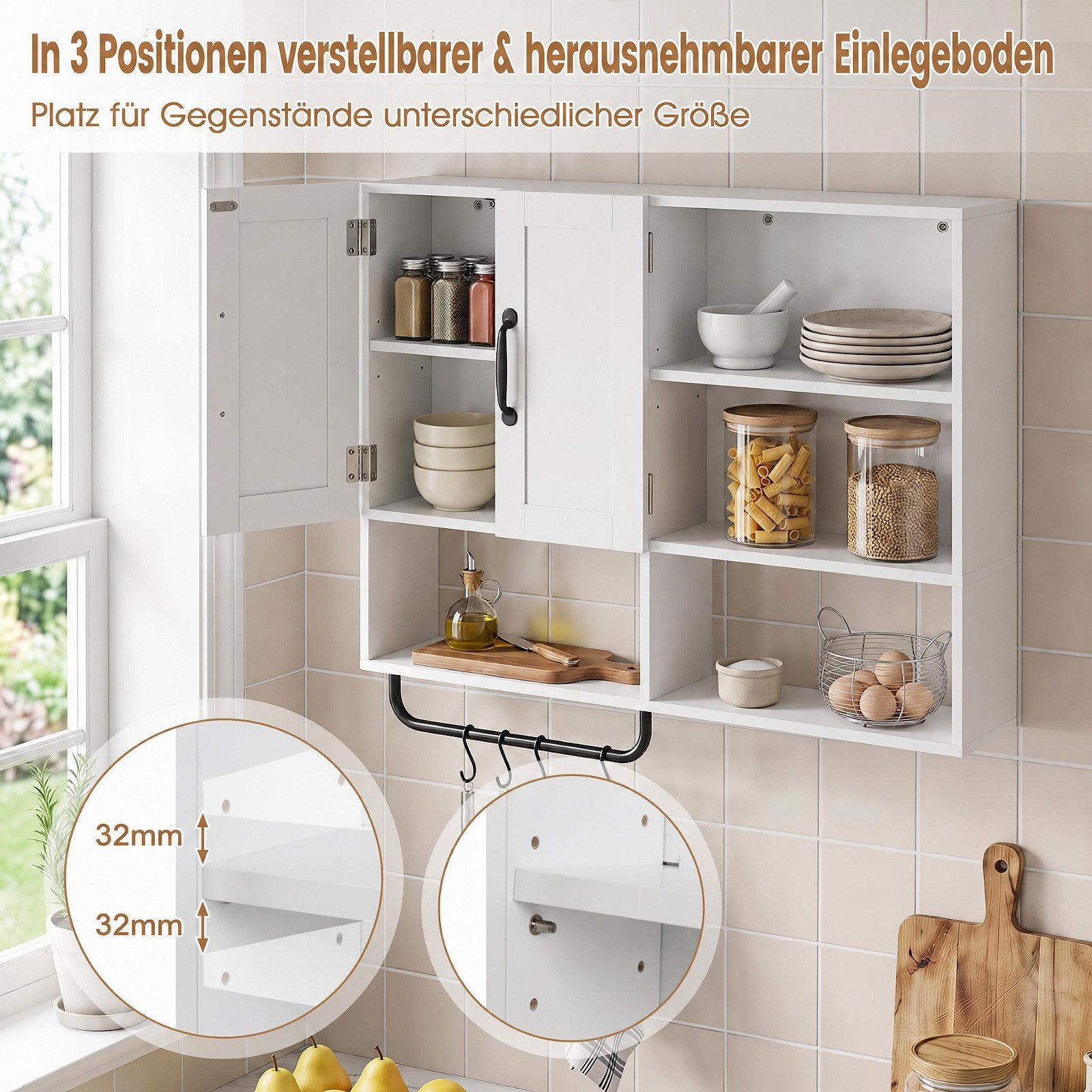 COSTWAY Hängeschrank Badezimmerschrank mit Handtuchhalter, Fächern Wandschrank Holz – Bild 4 von 5