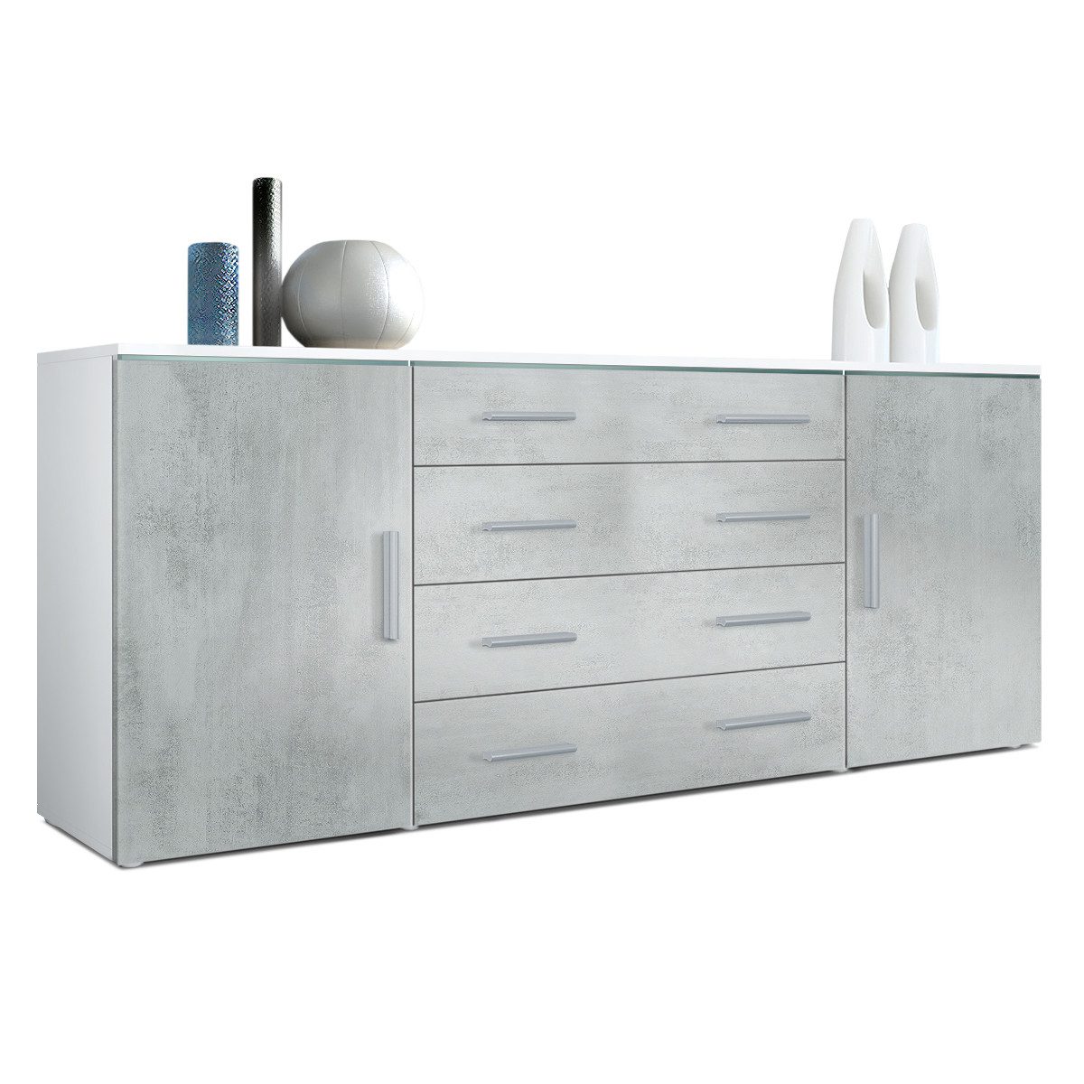 Vladon Sideboard Faro (Kommode, mit 2 Türen und 4 Schubladen), Weiß matt/Beton Oxid Optik (166 x 72 x 35)