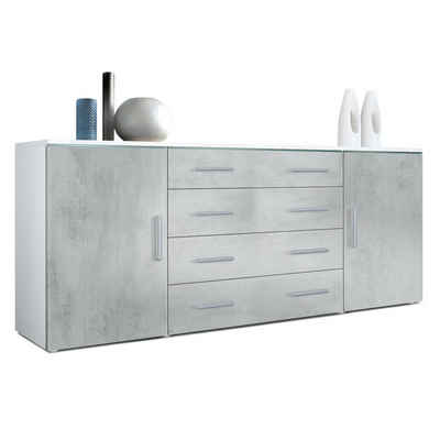 Vladon Sideboard Faro (Kommode, mit 2 Türen und 4 Schubladen), Weiß matt/Beton Oxid Optik (166 x 72 x 35)